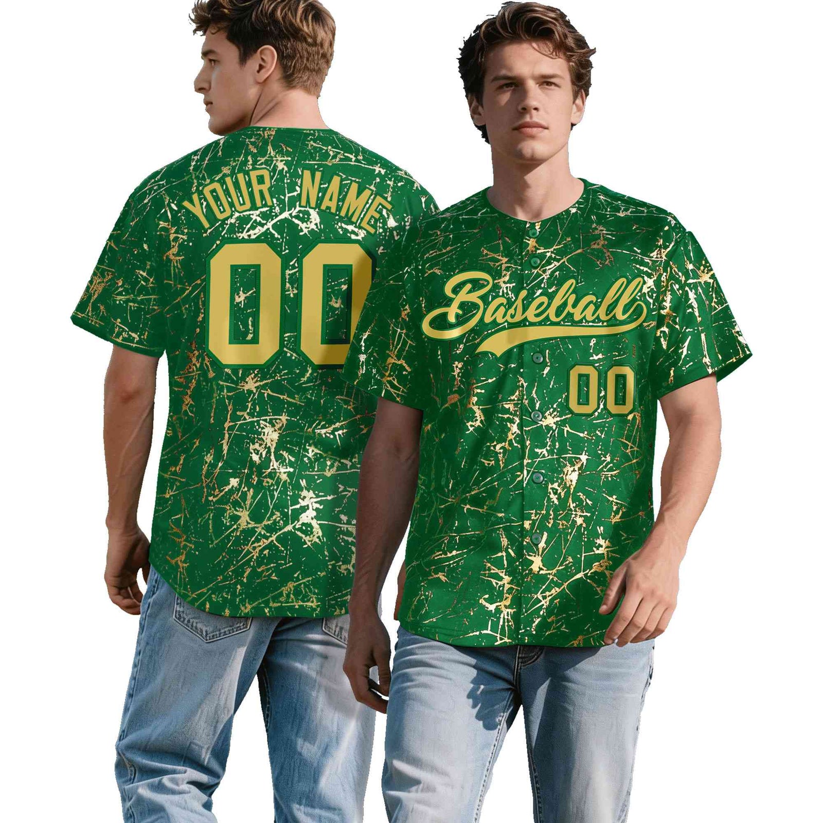 Custom Kelly Green Old Gold Black&Shiny Gold Cracked Foil Hip Hop Button Down Baseball Jersey