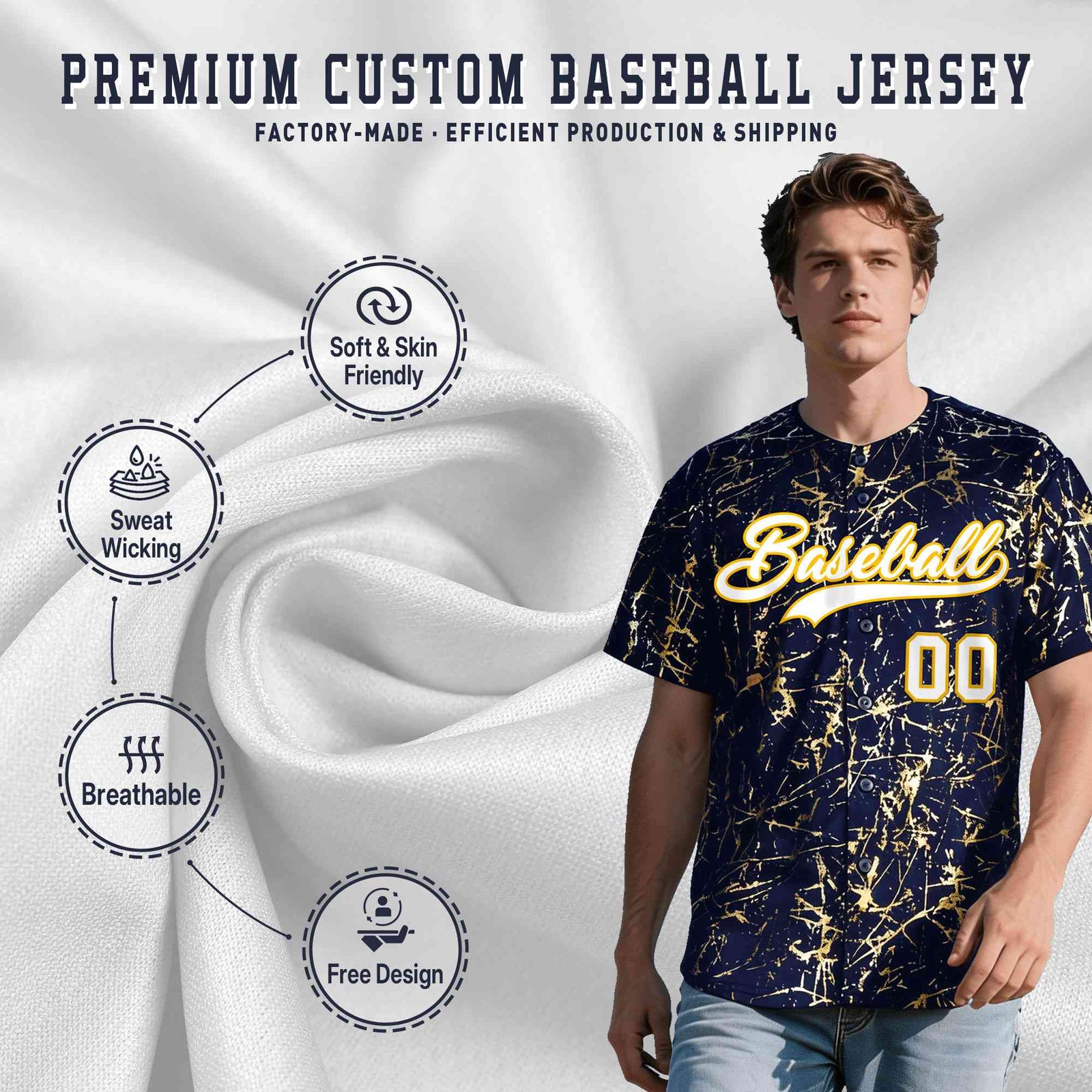 Custom Navy White Black&Shiny Gold Cracked Foil Breathable Mesh Streetwear Baseball Jersey