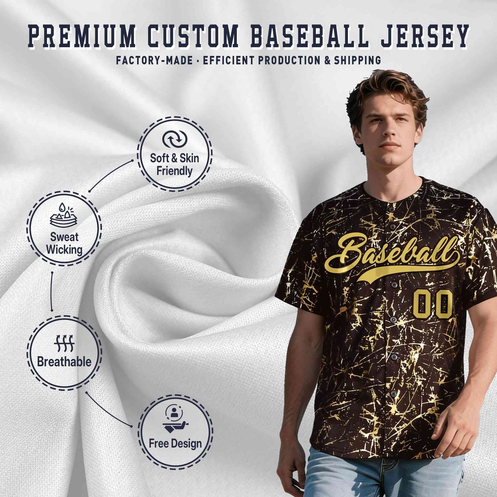 Custom Brown Old Gold Black&Shiny Gold Cracked Foil Hip Hop Button Down Baseball Jersey