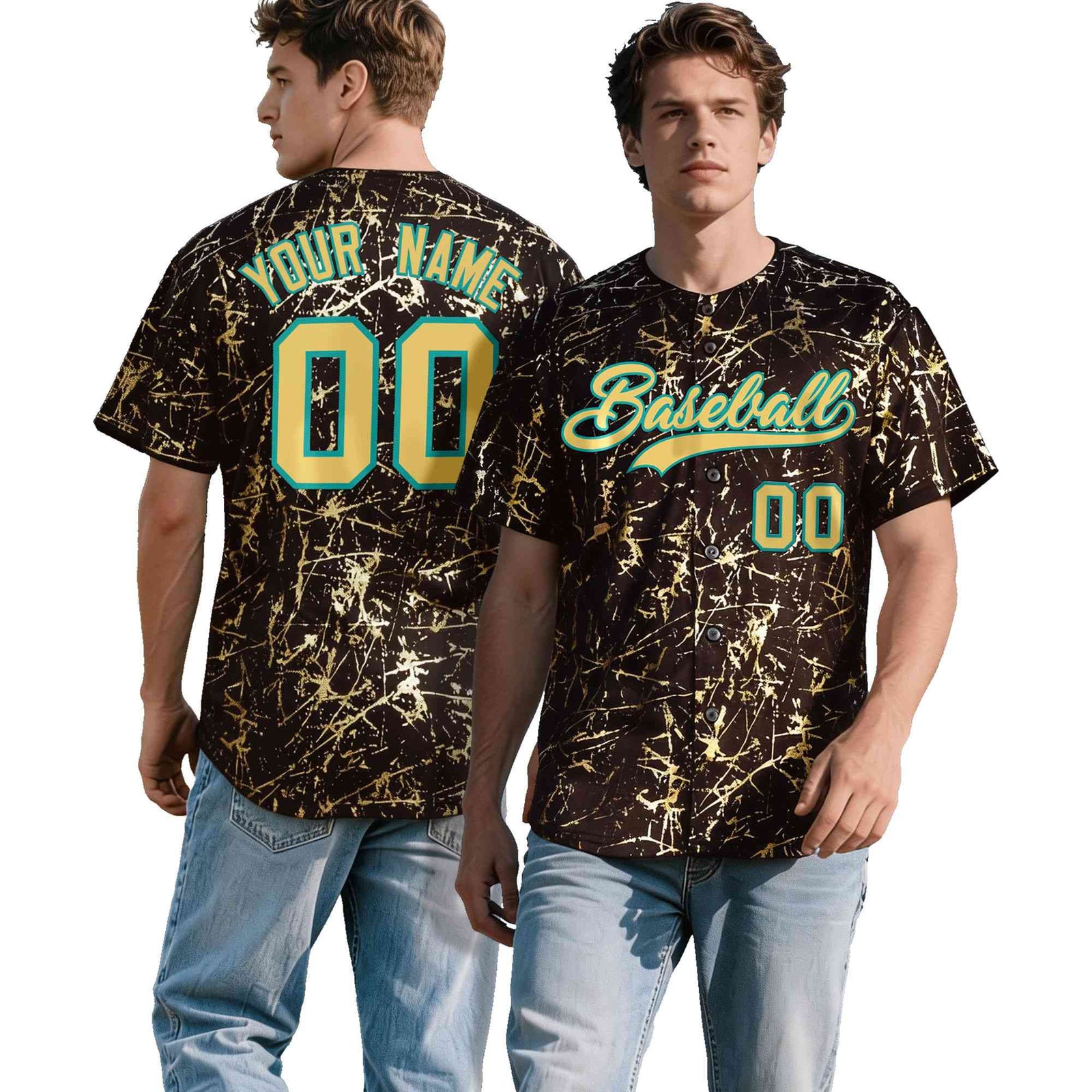 Custom Brown Khaki Black&Gold Marble Print Clubwear Party Streetwear Baseball Jersey