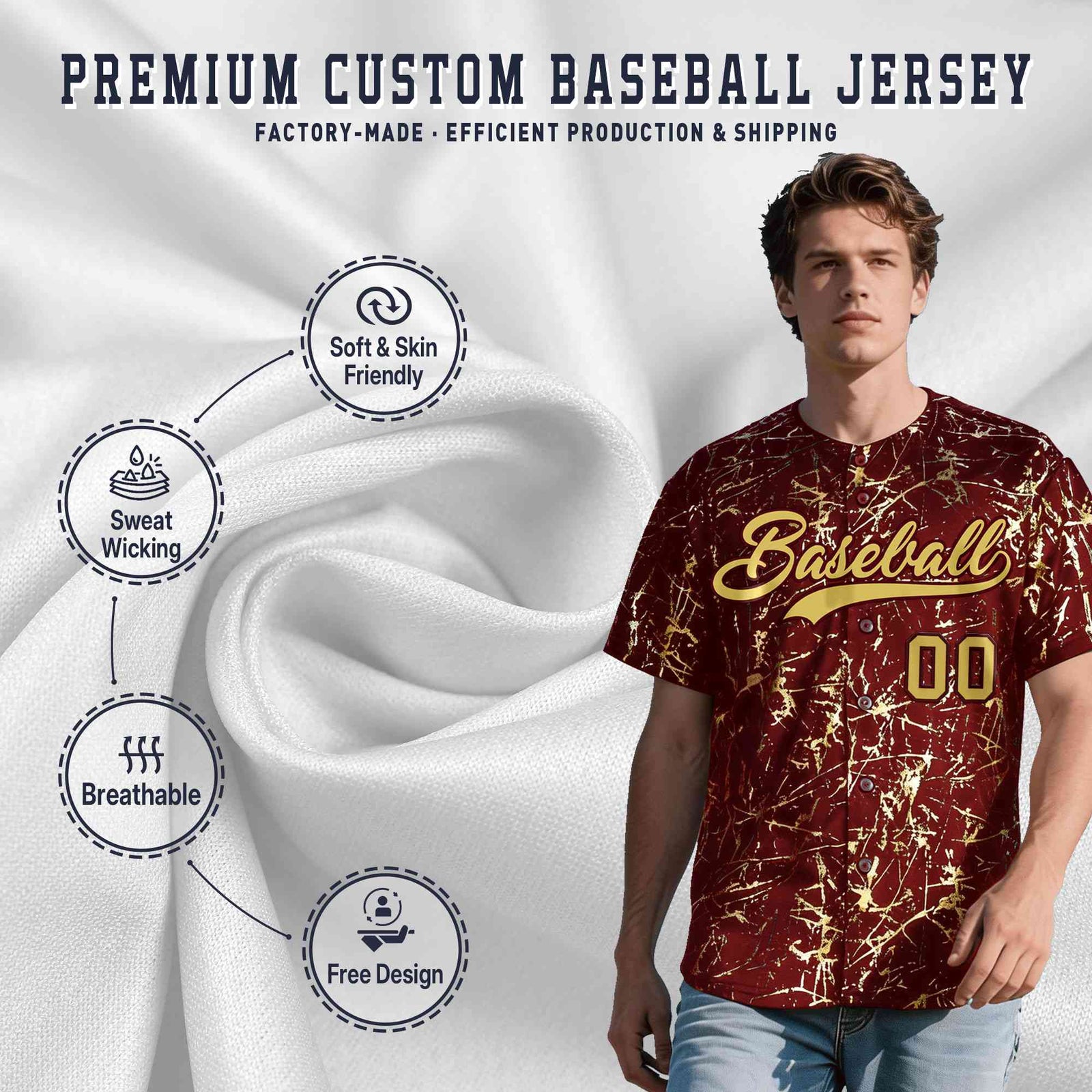 Custom Crimson Old Gold Black&Shiny Gold Cracked Foil Hip Hop Button Down Baseball Jersey