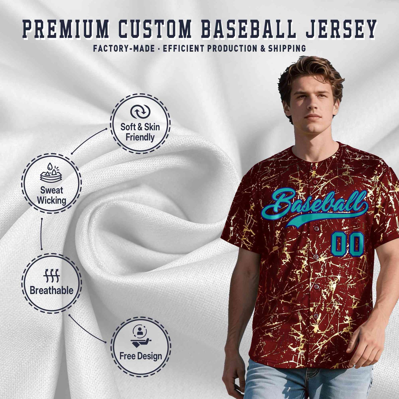 Custom Crimson Aqua Black&Gold Marble Print Clubwear Party Streetwear Baseball Jersey