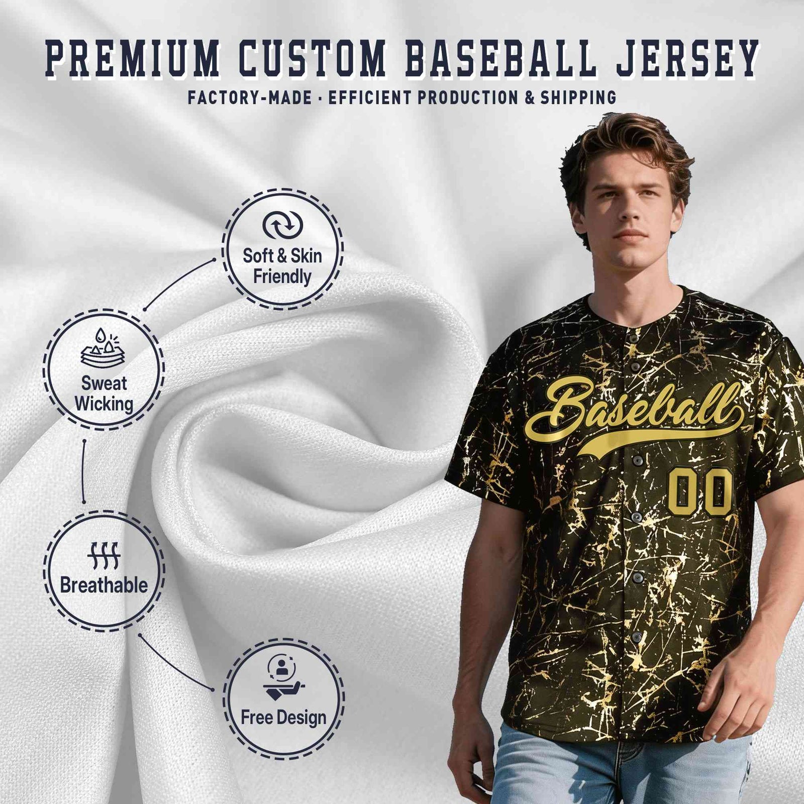 Custom Olive Old Gold Black&Shiny Gold Cracked Foil Hip Hop Button Down Baseball Jersey