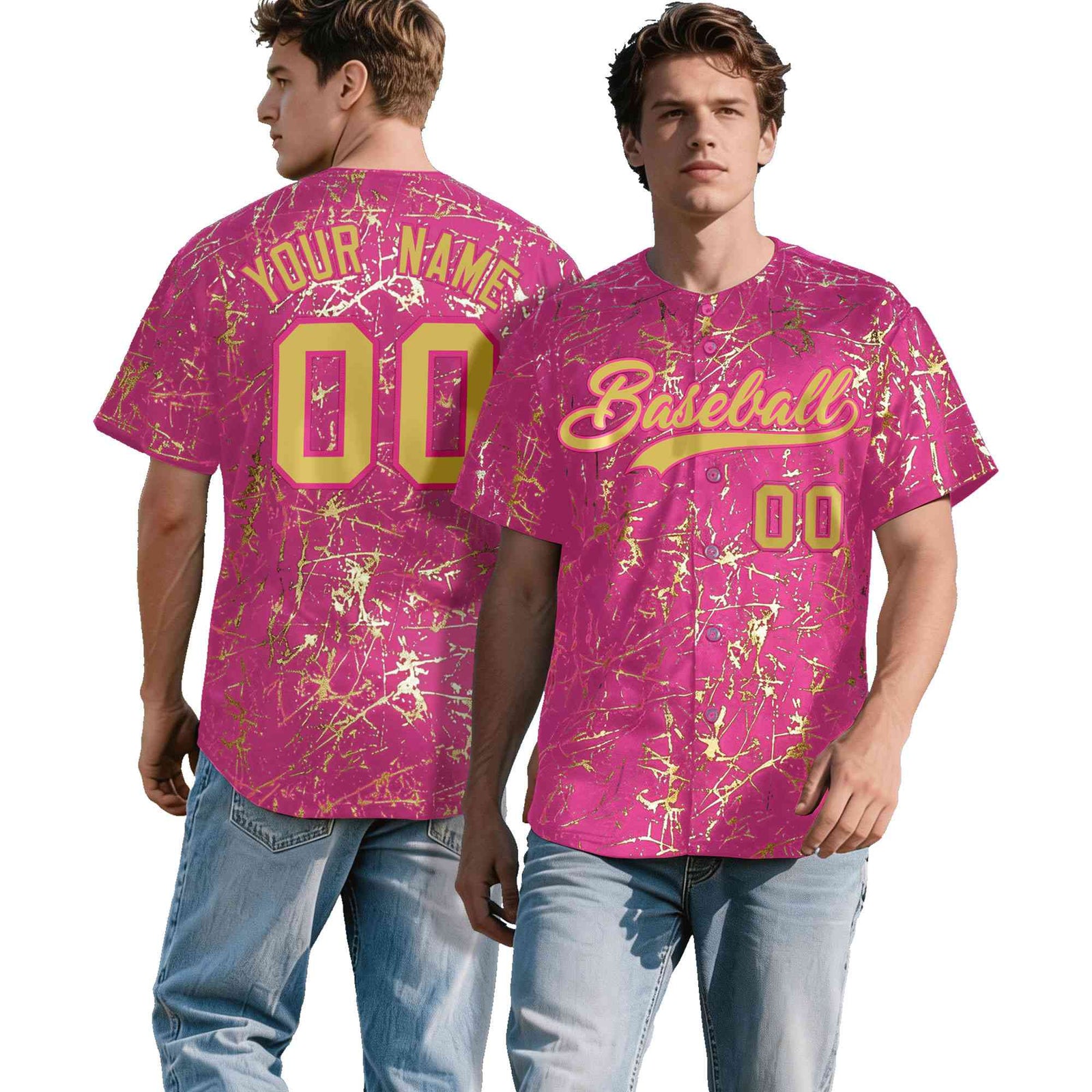 Custom Pink Old Gold Black&Shiny Gold Cracked Foil Hip Hop Button Down Baseball Jersey