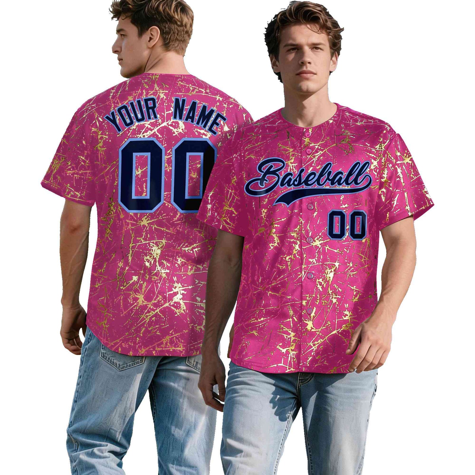 Custom Pink Navy Metallic Gold Splatter Breathable&Wrinkle-Resistant Baseball Jersey