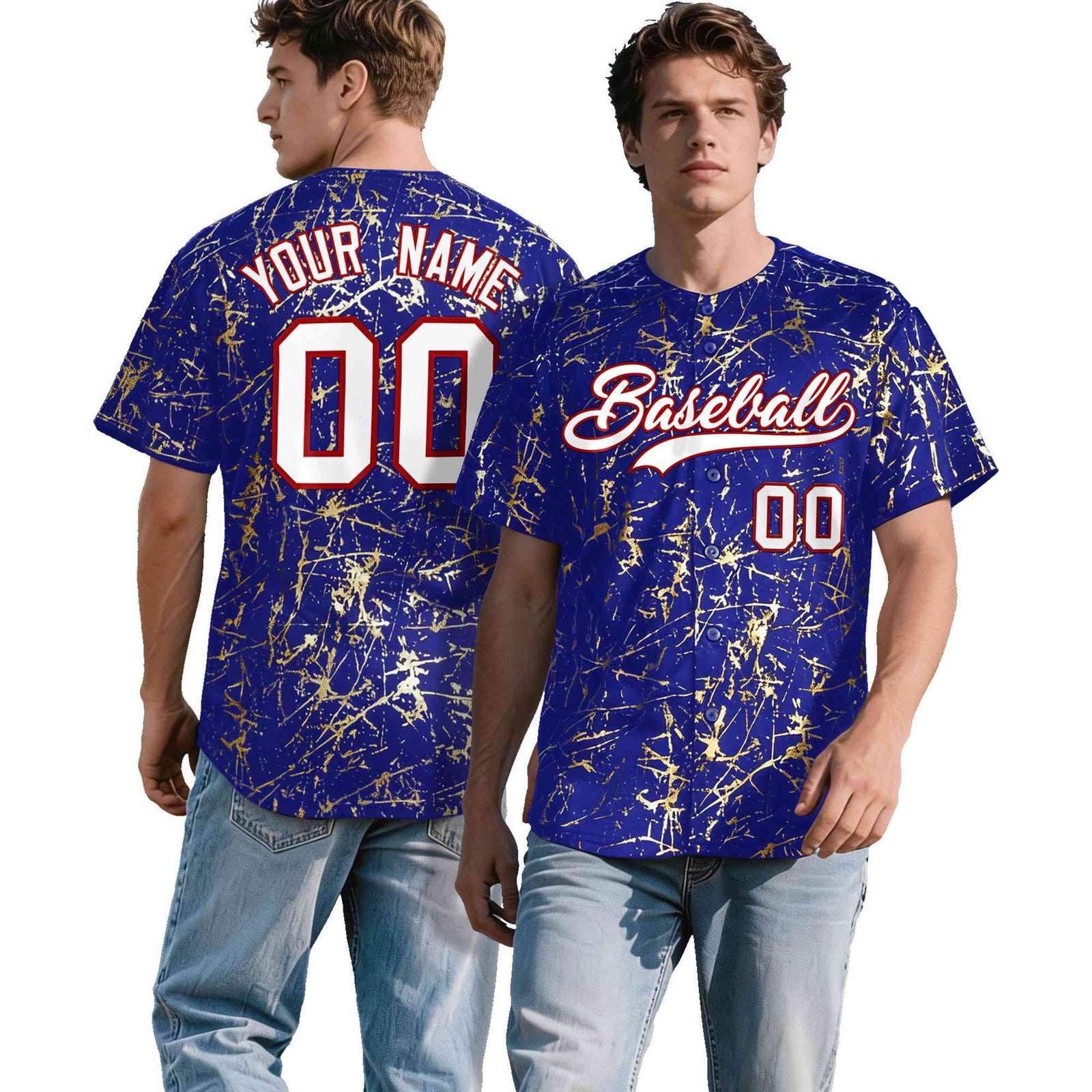 Custom Royal White Black&Gold Marble Print Clubwear Party Streetwear Baseball Jersey
