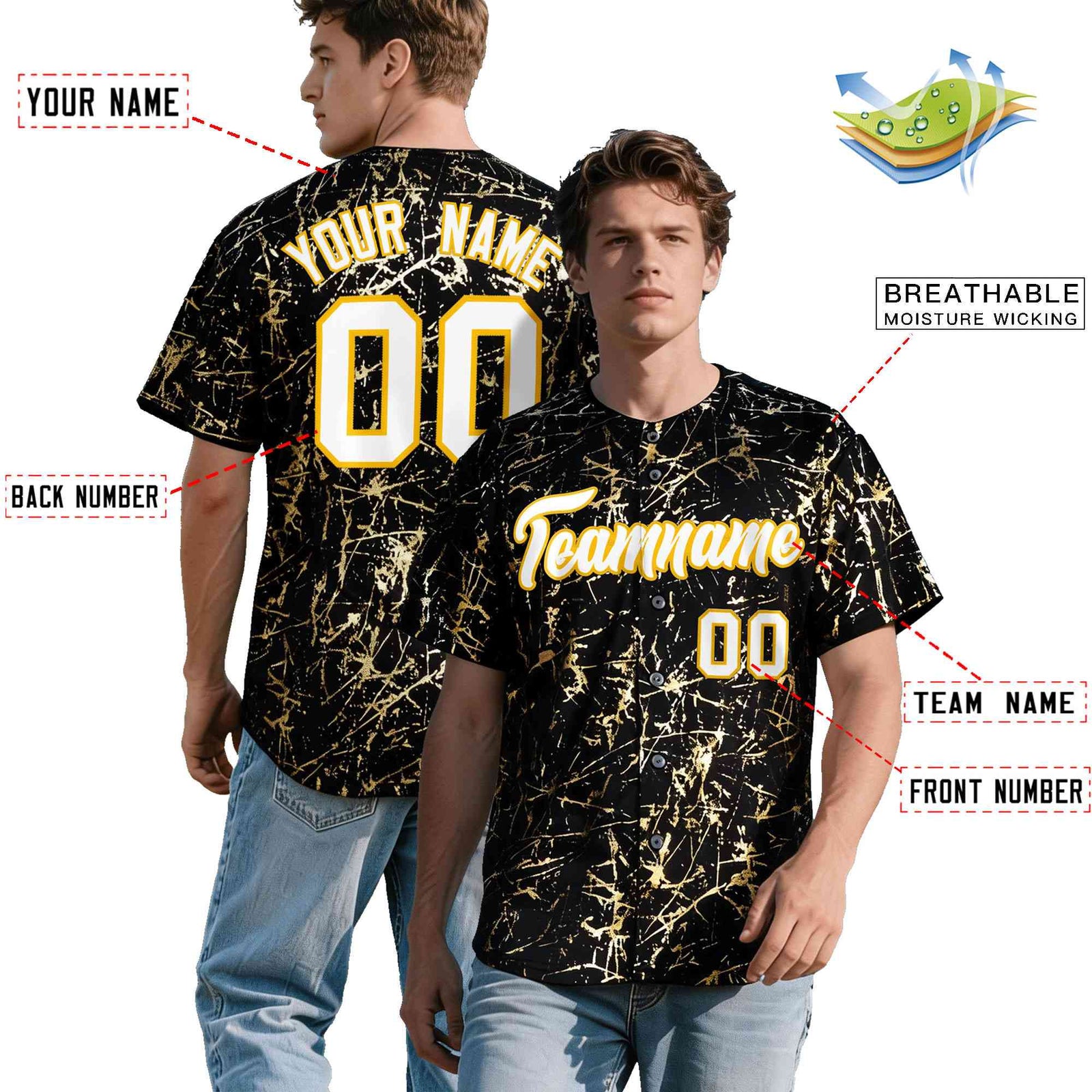 Custom Black White Black&Shiny Gold Cracked Foil Hip Hop Button Down Baseball Jersey