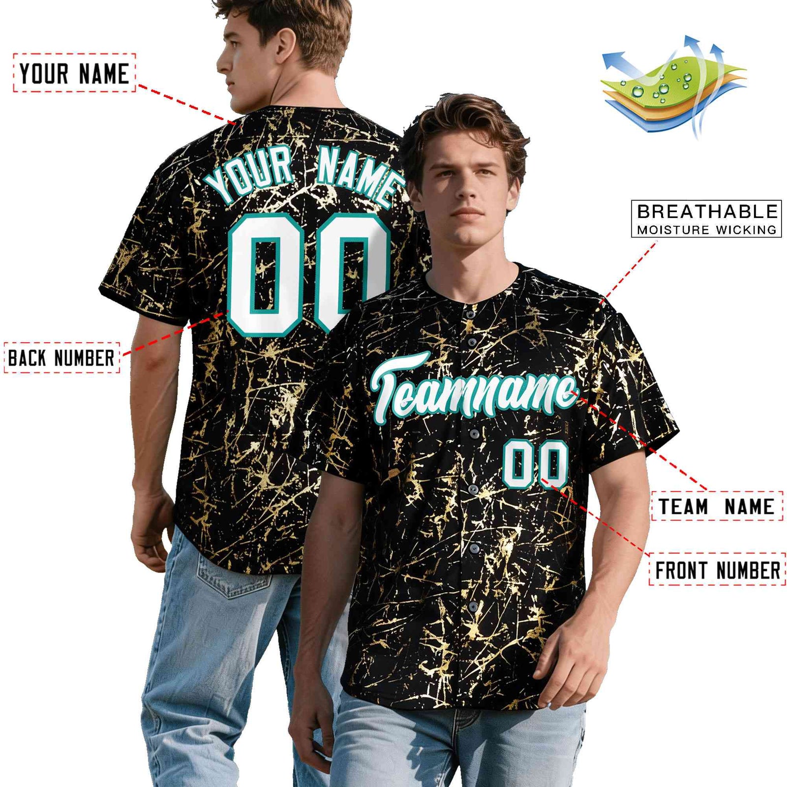 Custom Black White Black&Shiny Gold Cracked Foil Breathable Mesh Streetwear Baseball Jersey