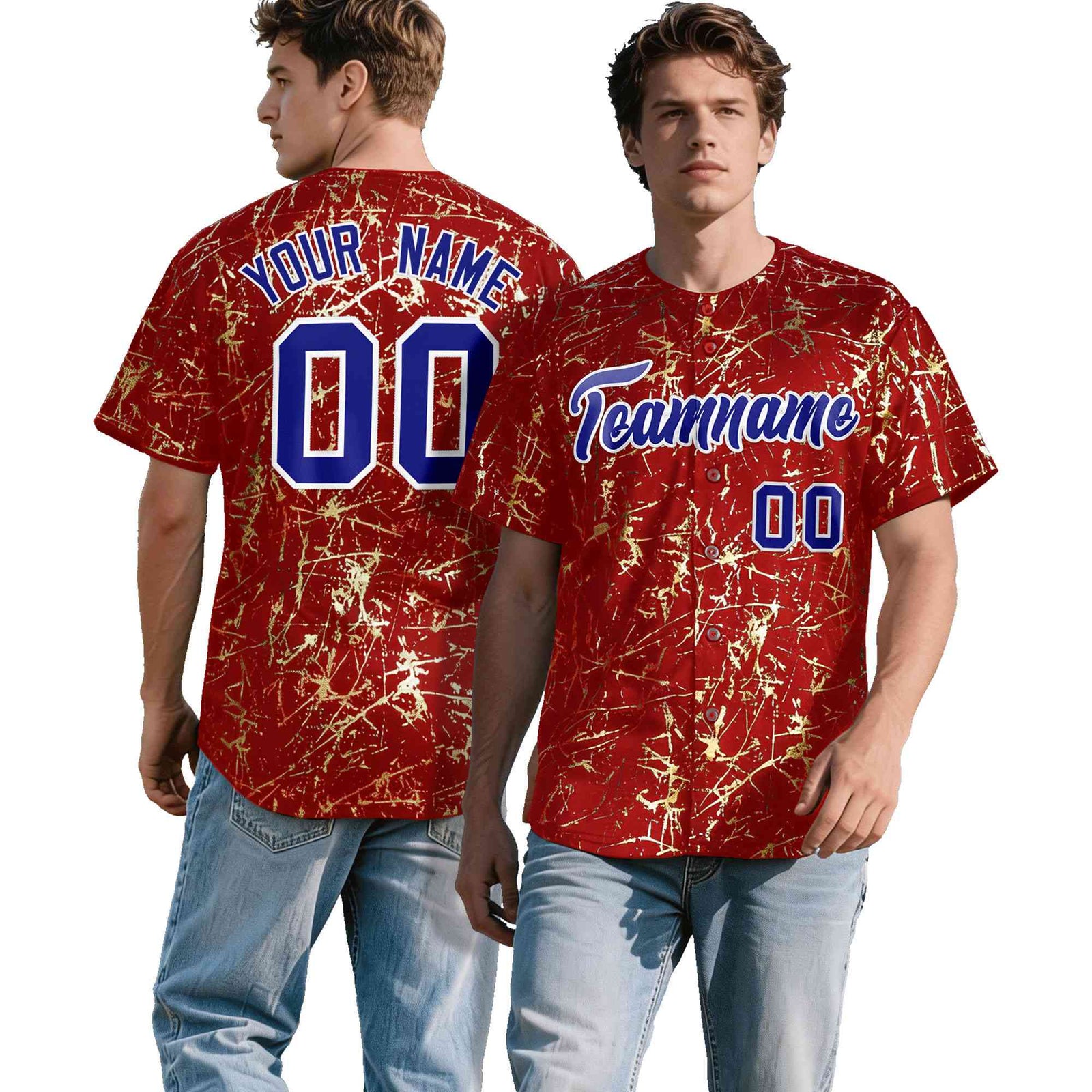 Custom Red Royal Shiny Gold Cracked Texture Baseball Jersey