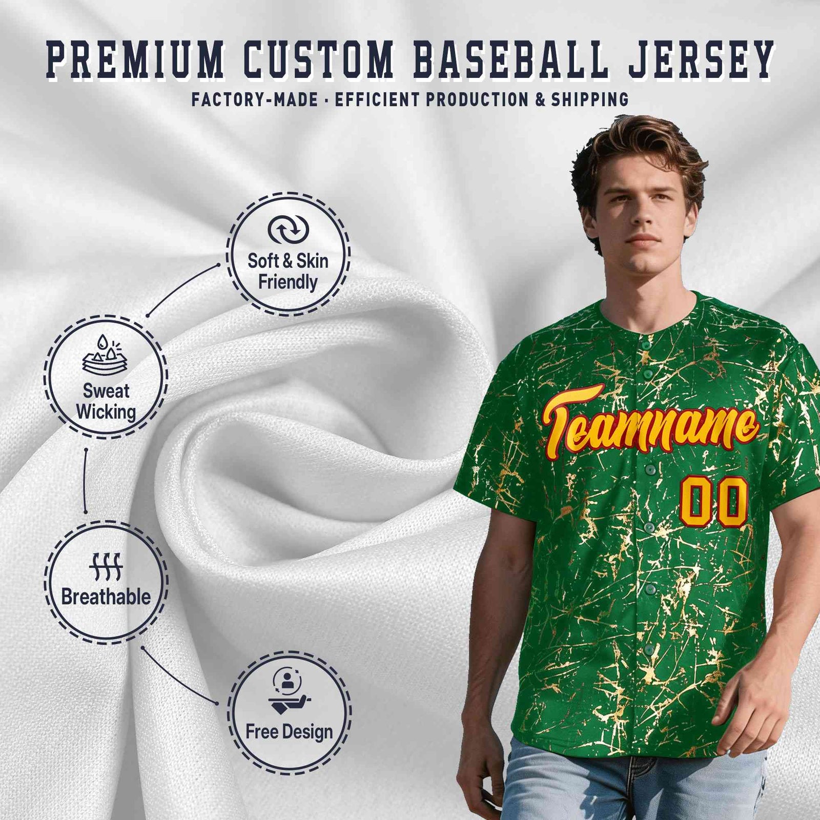 Custom Kelly Green Yellow Black&Gold Marble Print Clubwear Party Streetwear Baseball Jersey