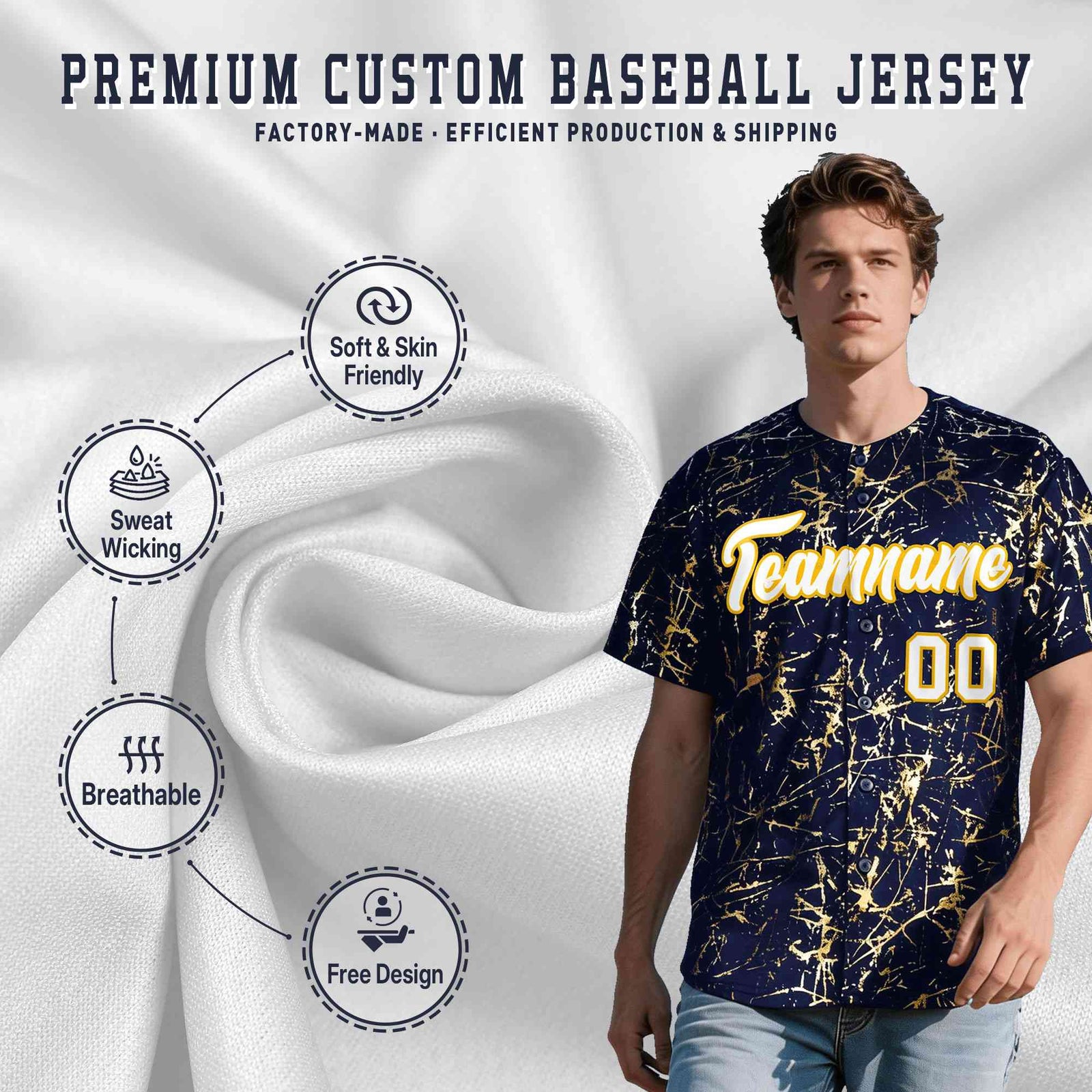 Custom Navy White Black&Shiny Gold Cracked Foil Breathable Mesh Streetwear Baseball Jersey