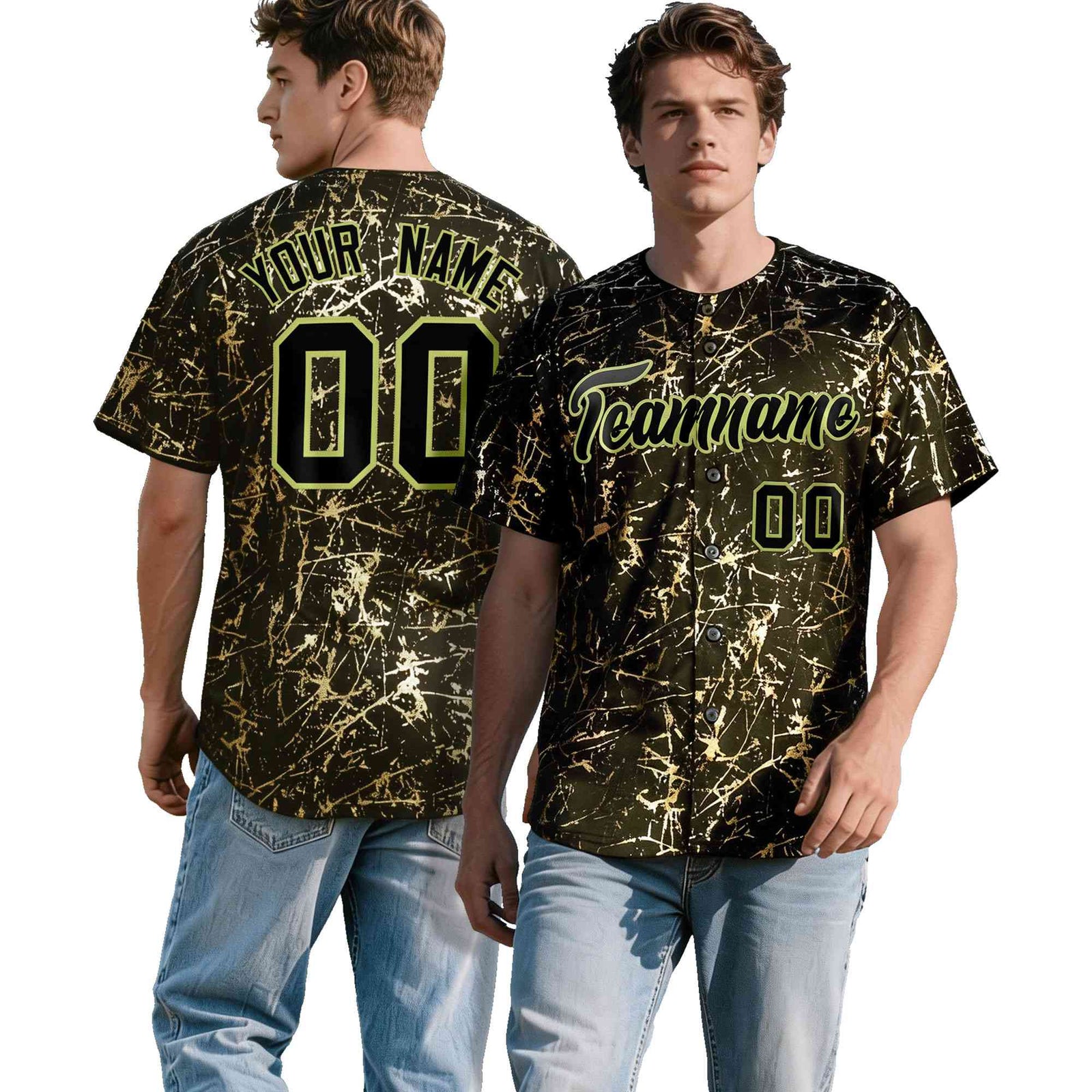 Custom Olive Black Metallic Gold Splatter Breathable&Wrinkle-Resistant Baseball Jersey