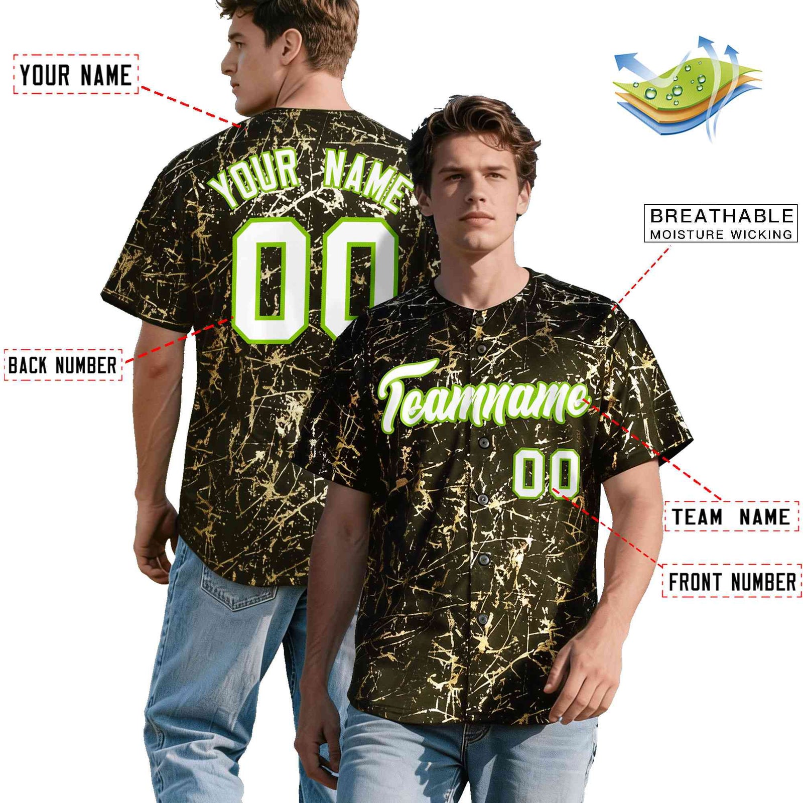 Custom Olive White Black&Shiny Gold Cracked Foil Breathable Mesh Streetwear Baseball Jersey