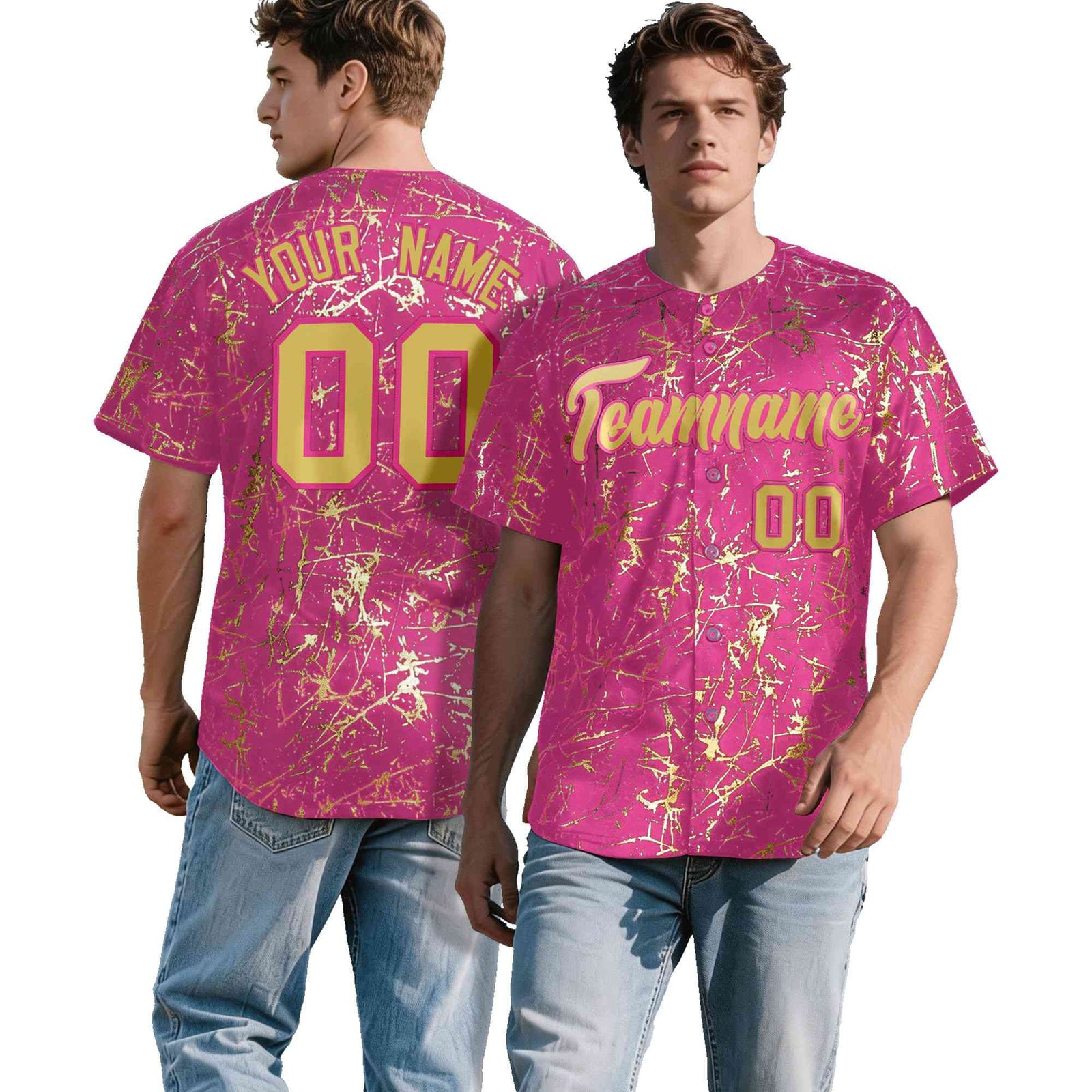 Custom Pink Old Gold Black&Shiny Gold Cracked Foil Hip Hop Button Down Baseball Jersey