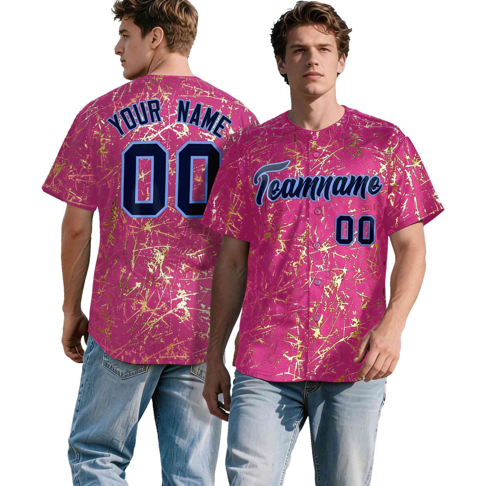 Custom Pink Navy Metallic Gold Splatter Breathable&Wrinkle-Resistant Baseball Jersey