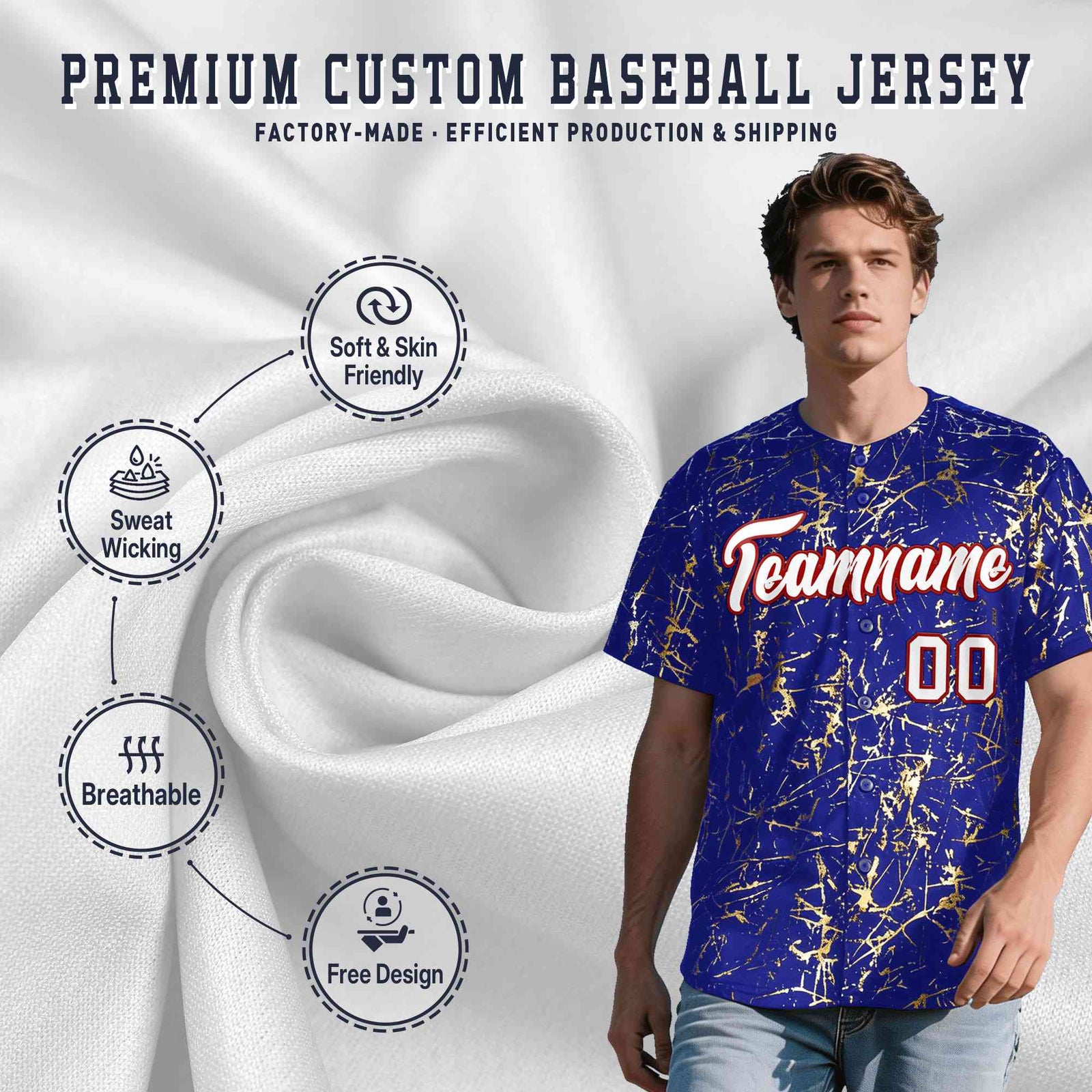 Custom Royal White Black&Gold Marble Print Clubwear Party Streetwear Baseball Jersey
