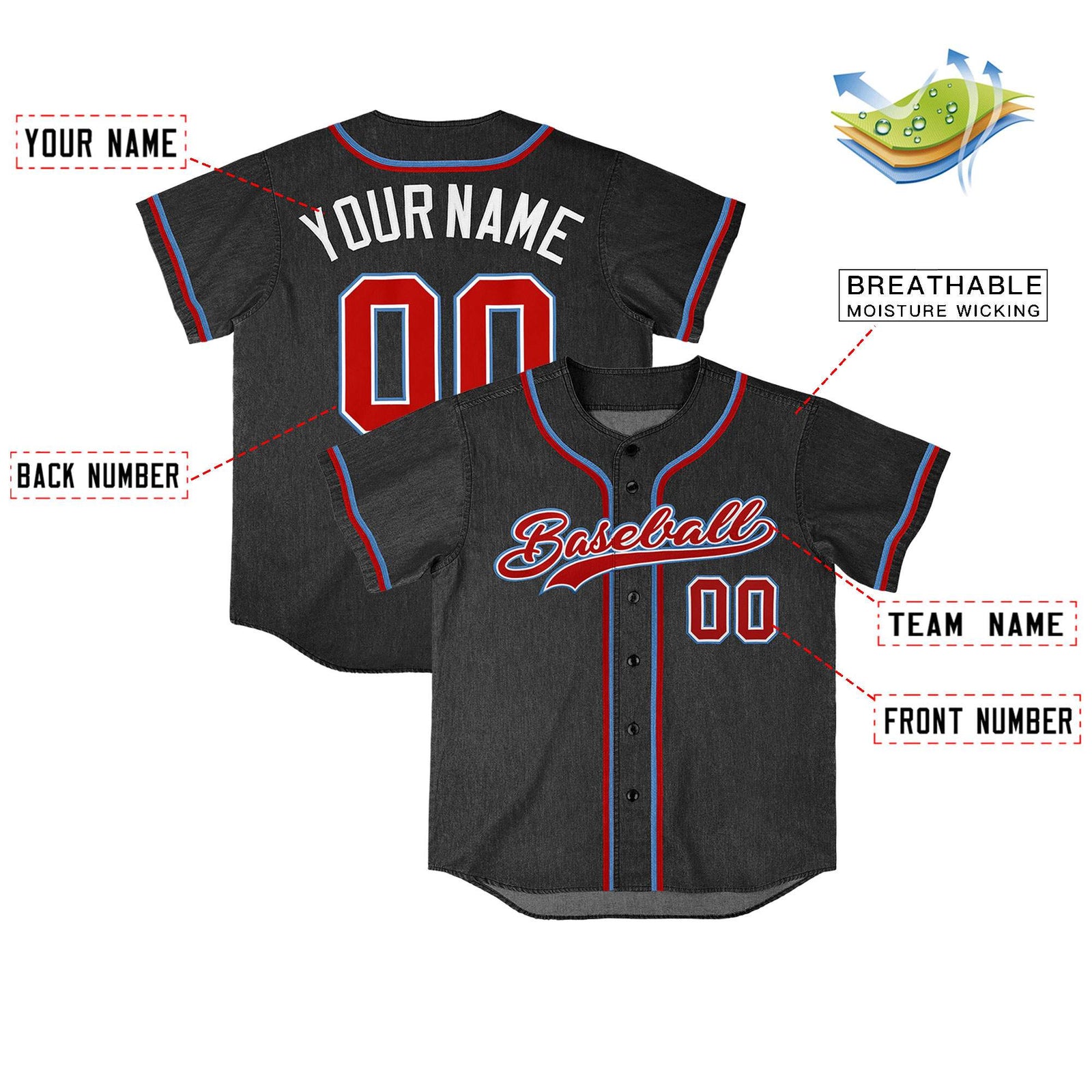 Custom Black Personalized Denim Baseball Jersey For Men Women Boy
