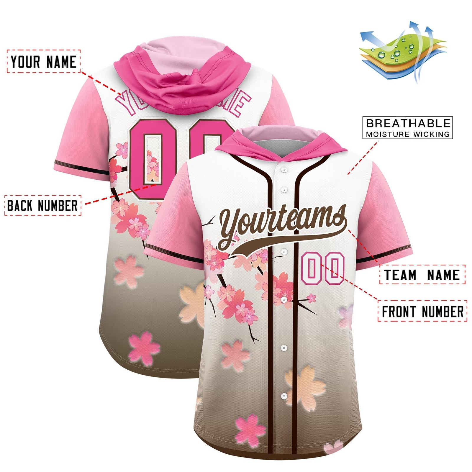 Custom Hooded Baseball Jersey | Pink Light Brown Cherry Blossom Breathable Athleisure Streetwear