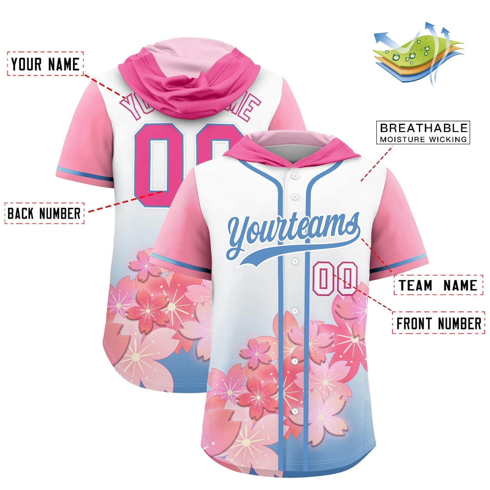 Custom Hooded Baseball Jersey | Pink Light Blue Cherry Blossom Personalized Name & Number Sport Jersey