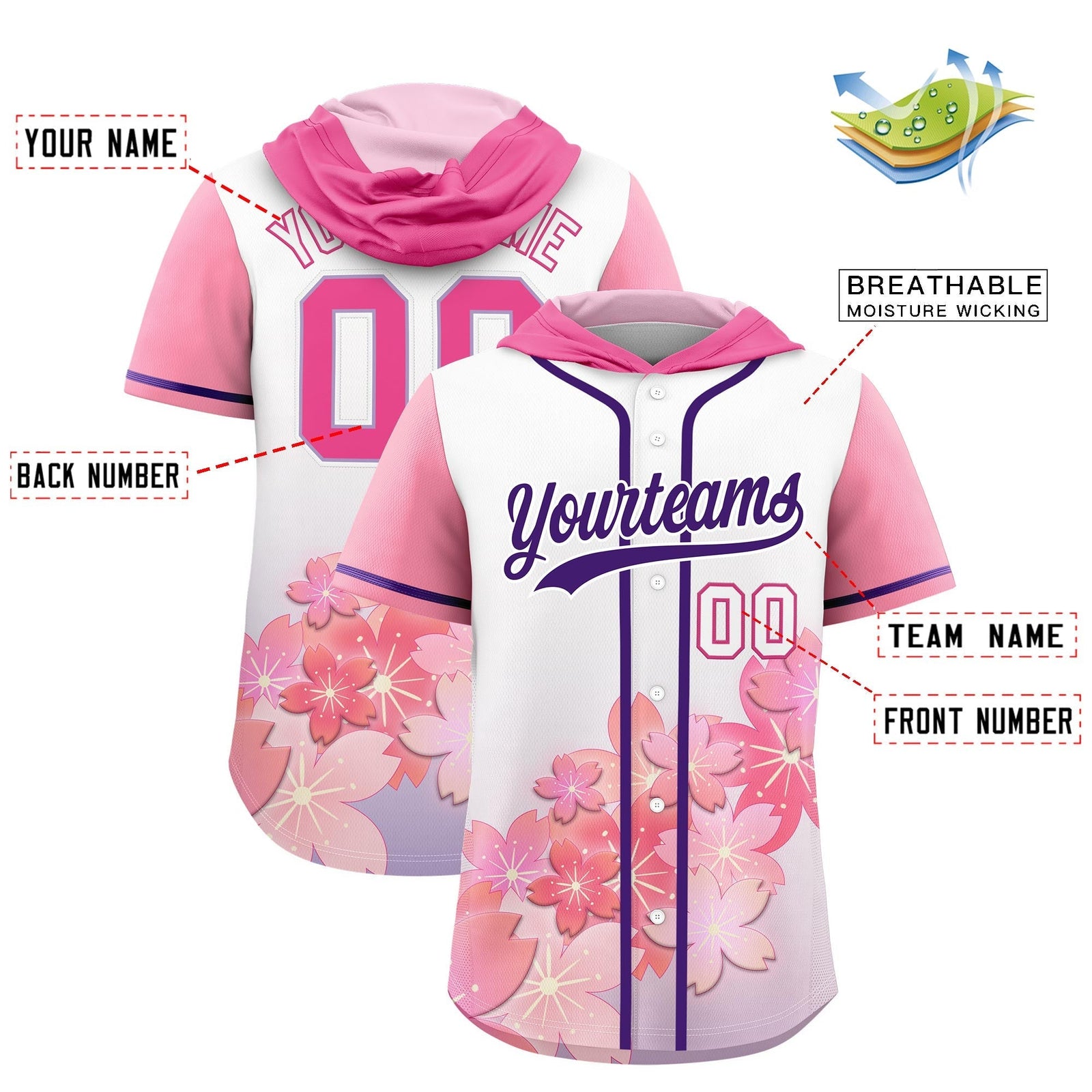Custom Hooded Baseball Jersey | Pink Purple Cherry Blossom Breathable Athleisure Streetwear