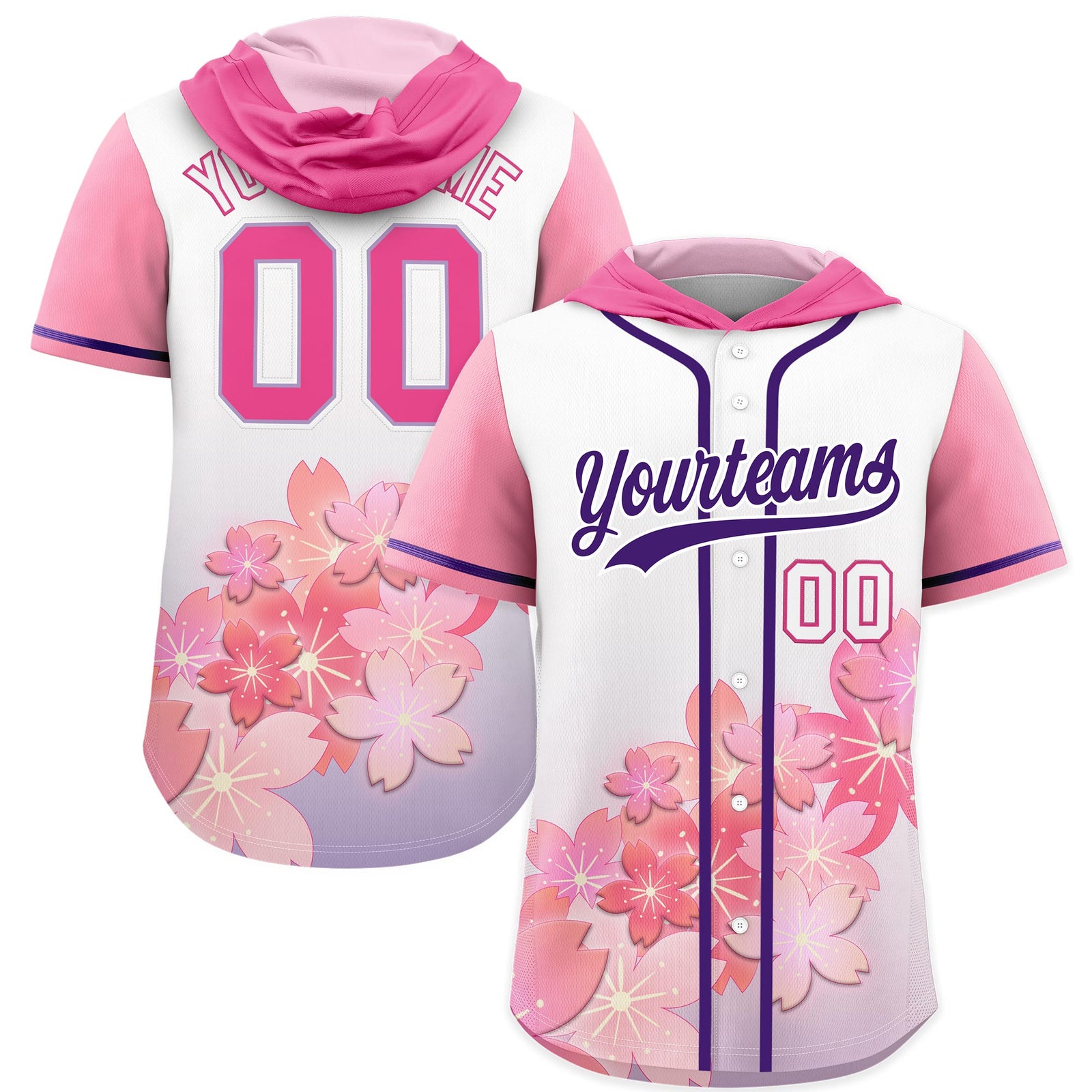 Custom Hooded Baseball Jersey | Pink Purple Cherry Blossom Breathable Athleisure Streetwear