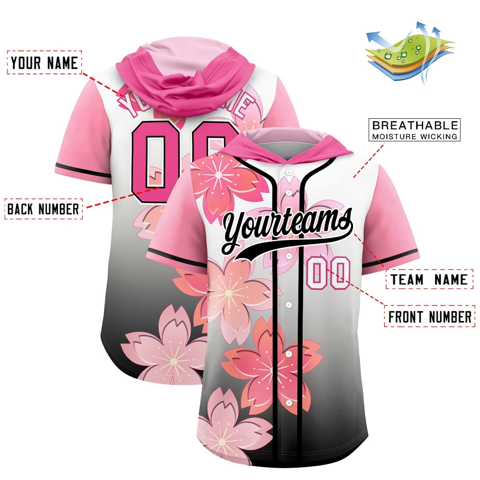 Custom Hooded Baseball Jersey | Pink Black Cherry Blossom Moisture-Wicking Jersey for Men & Women