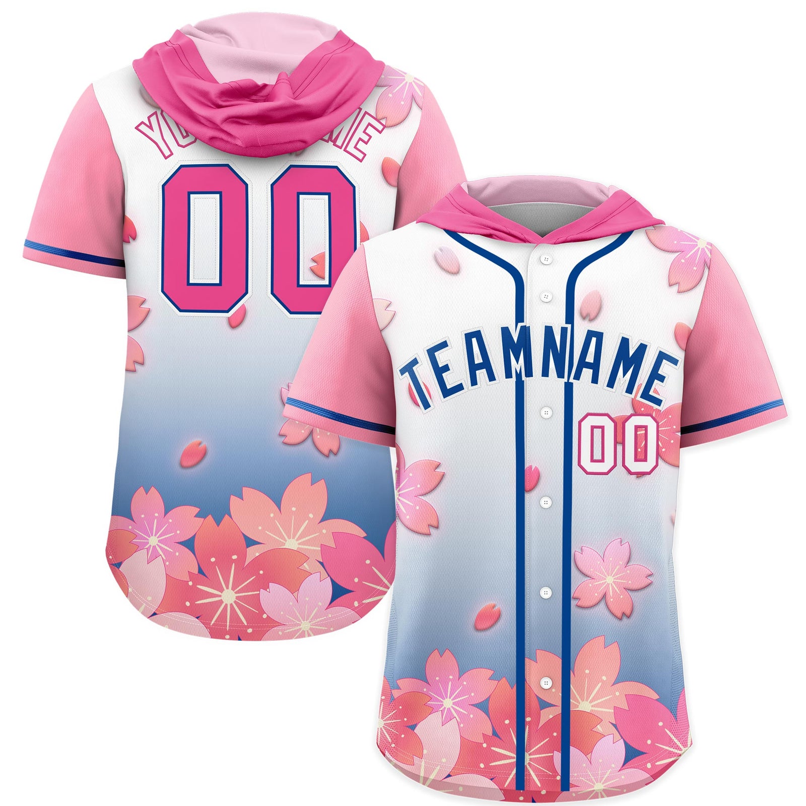 Custom Hooded Baseball Jersey | Pink Midnight Blue Cherry Blossom Breathable Athleisure Streetwear