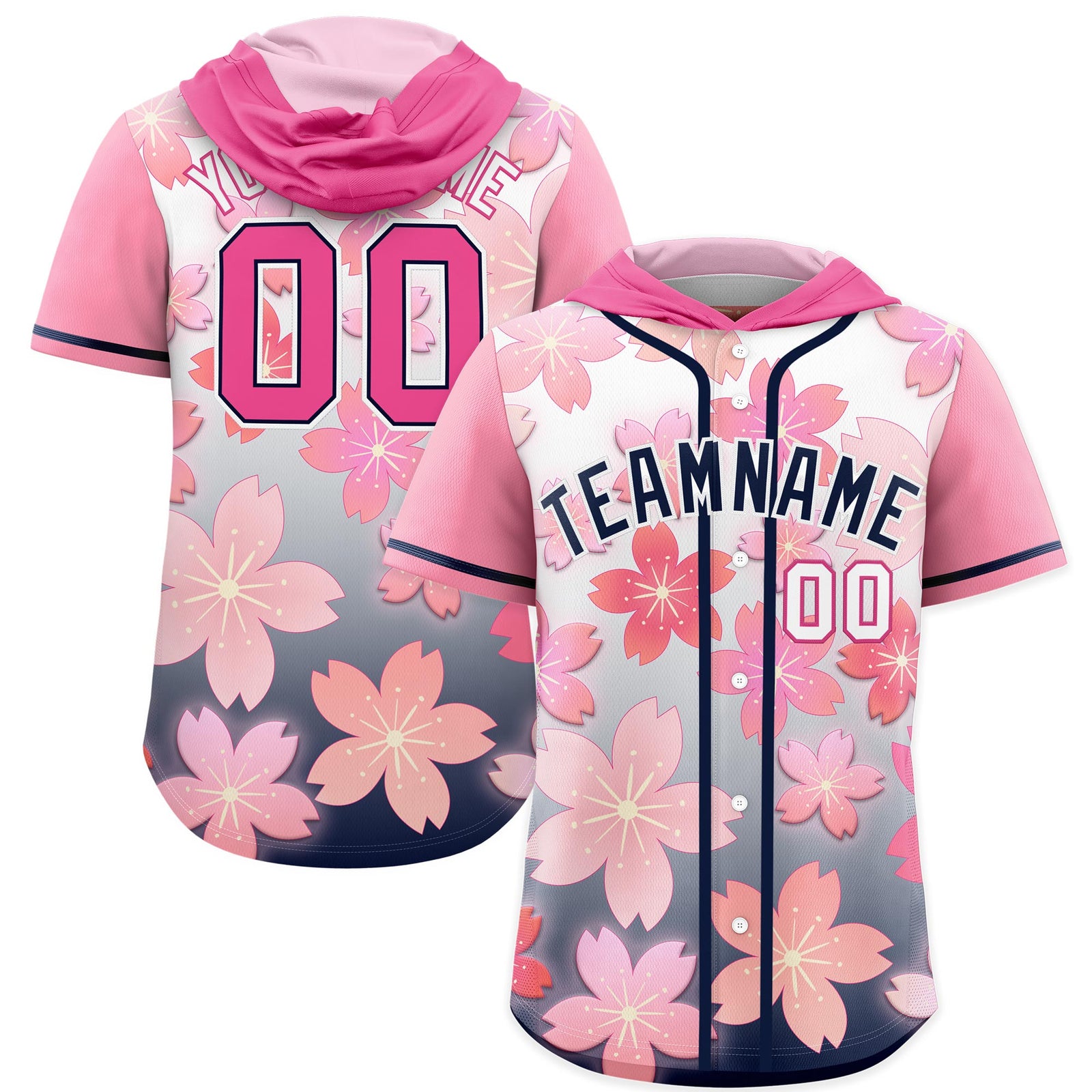 Custom Hooded Baseball Jersey | Pink Navy Cherry Blossom Breathable Athleisure Streetwear