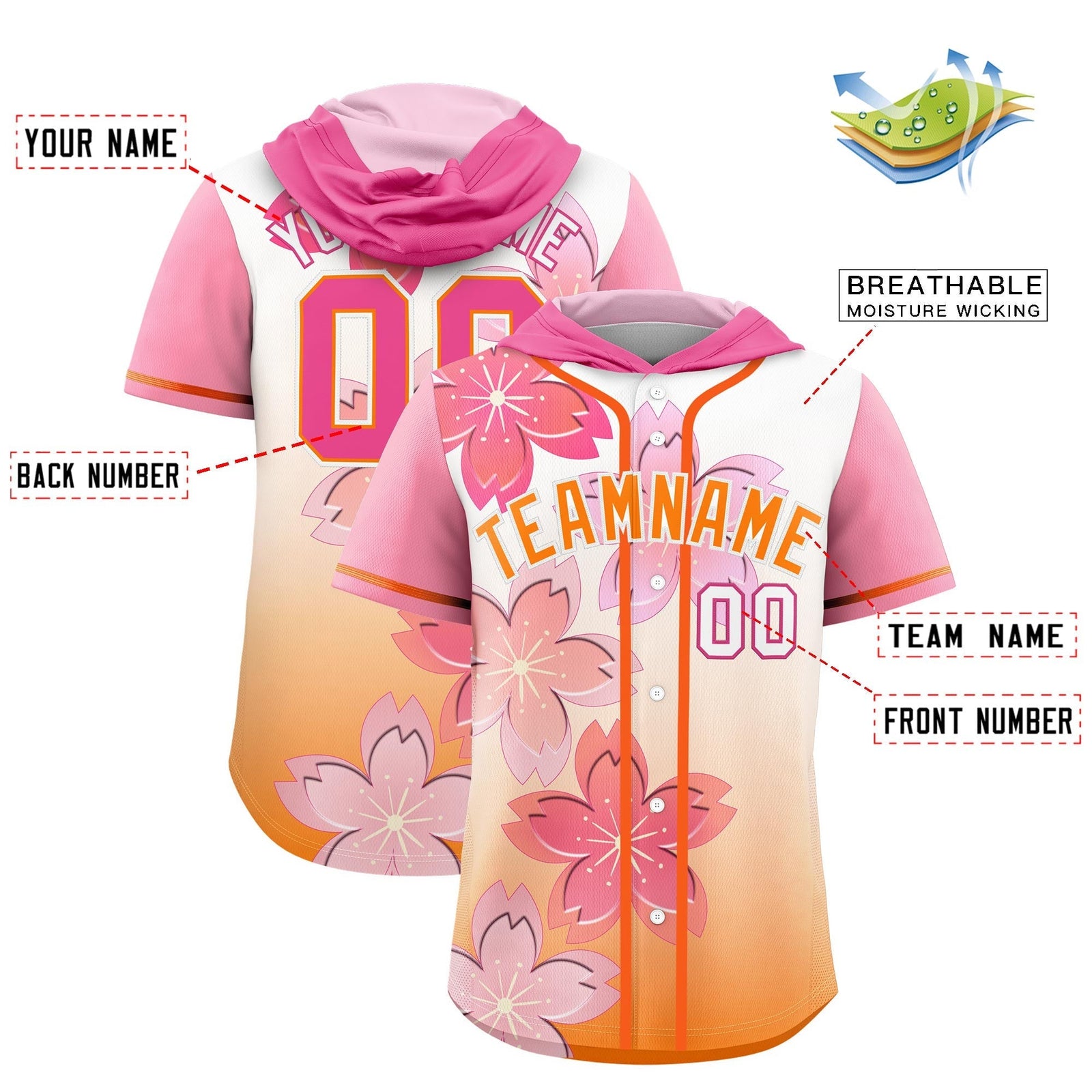 Custom Hooded Baseball Jersey | Pink Orange Cherry Blossom Moisture-Wicking Jersey for Men & Women