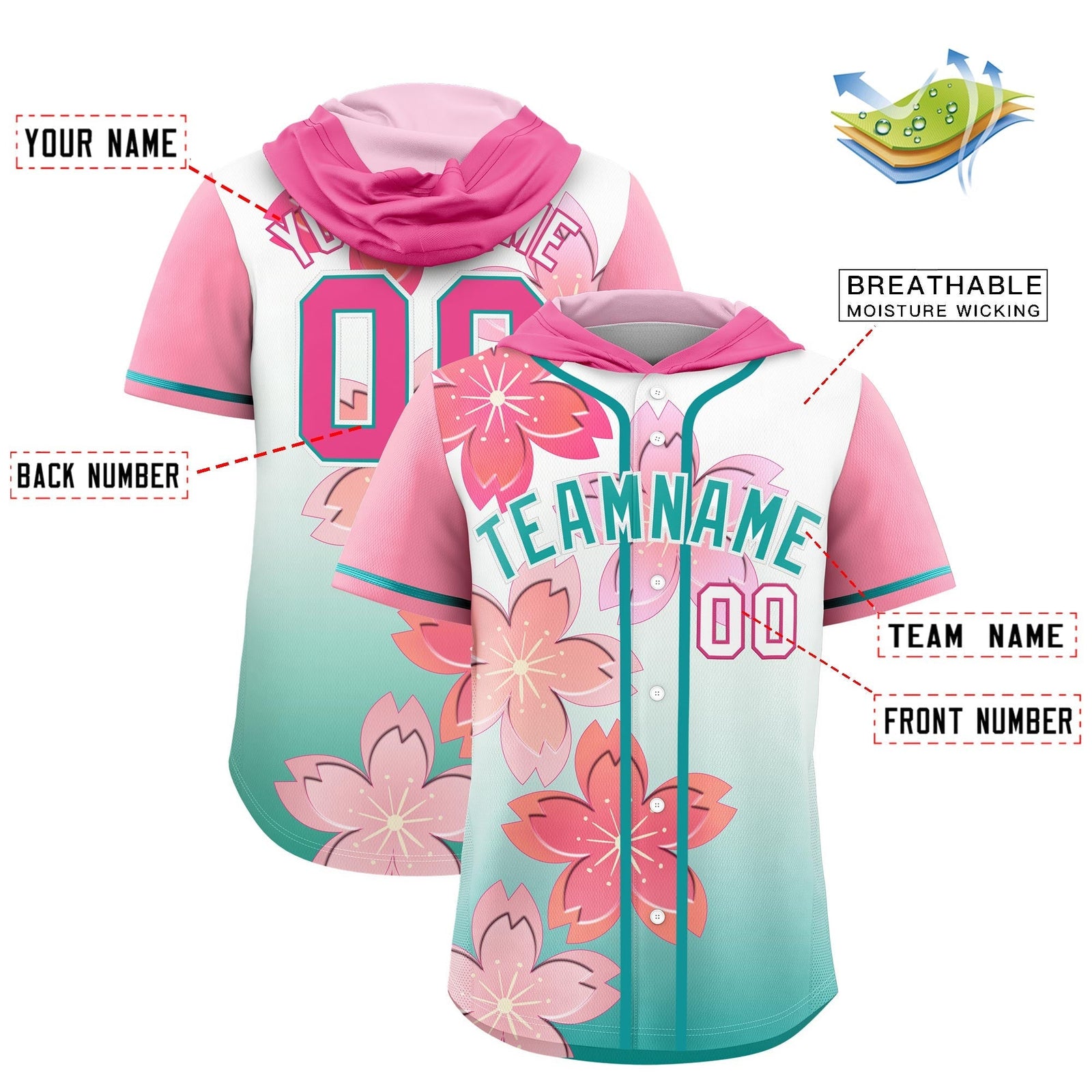 Custom Hooded Baseball Jersey | Pink Teal Cherry Blossom Moisture-Wicking Jersey for Men & Women