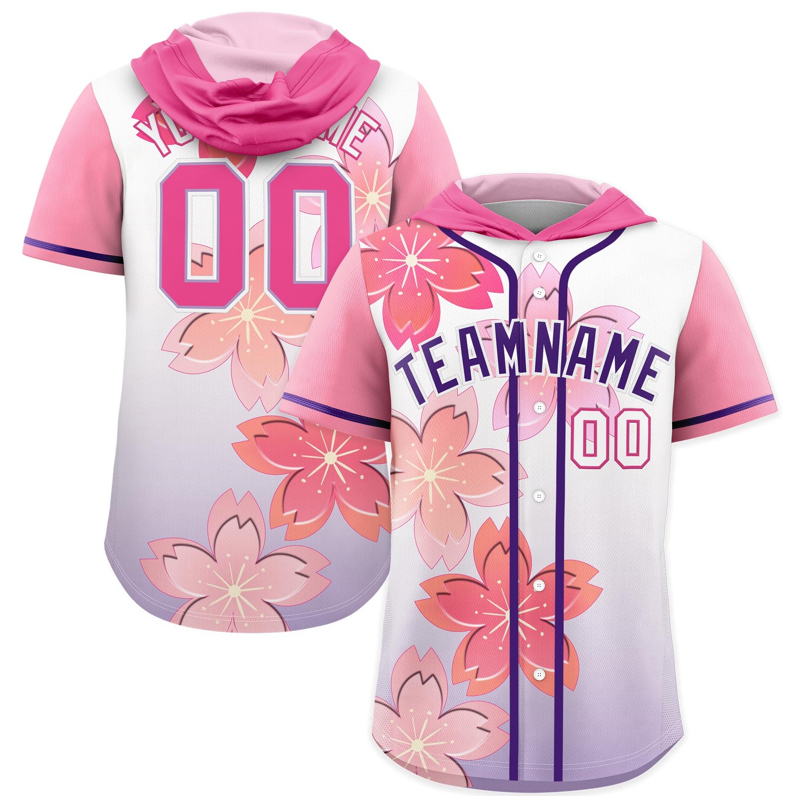 Custom Hooded Baseball Jersey | Pink Purple Cherry Blossom Breathable Athleisure Streetwear
