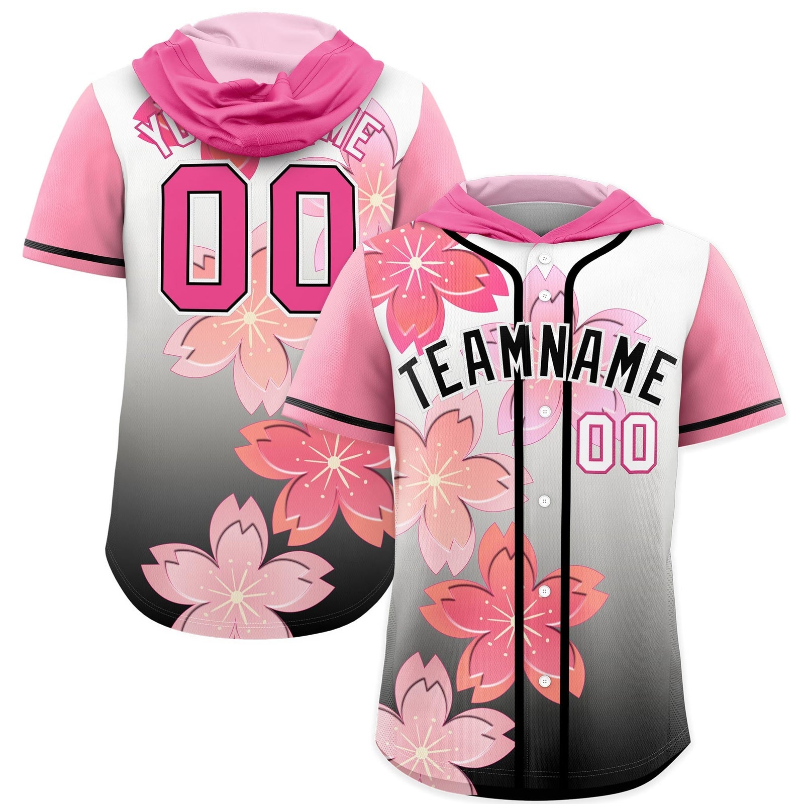 Custom Hooded Baseball Jersey | Pink Black Cherry Blossom Moisture-Wicking Jersey for Men & Women