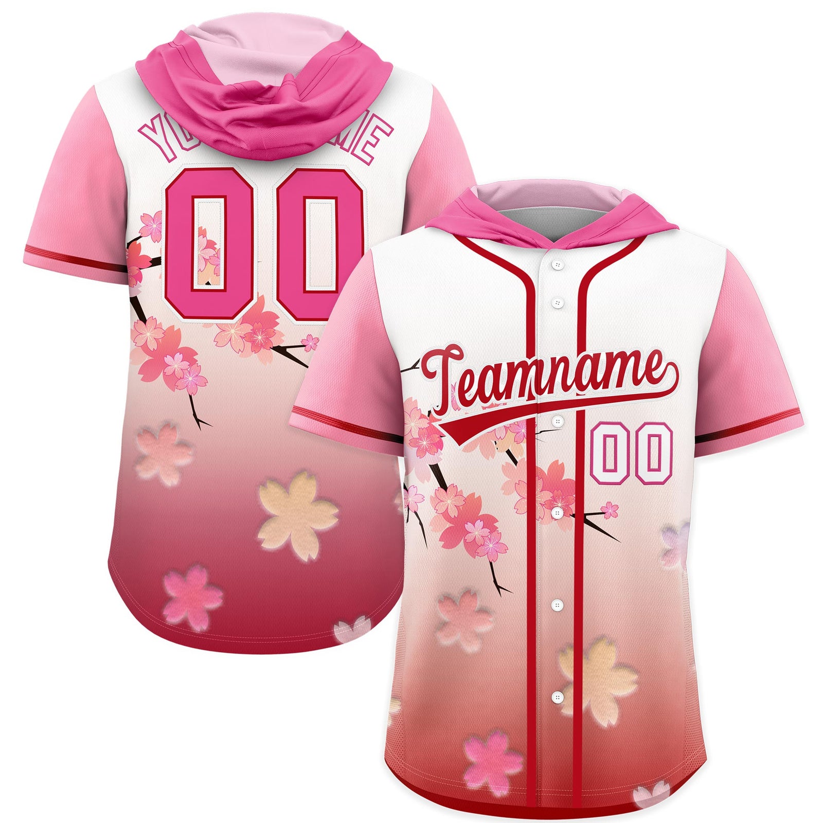 Custom Hooded Baseball Jersey | Pink Red Cherry Blossom Moisture-Wicking Jersey for Men & Women