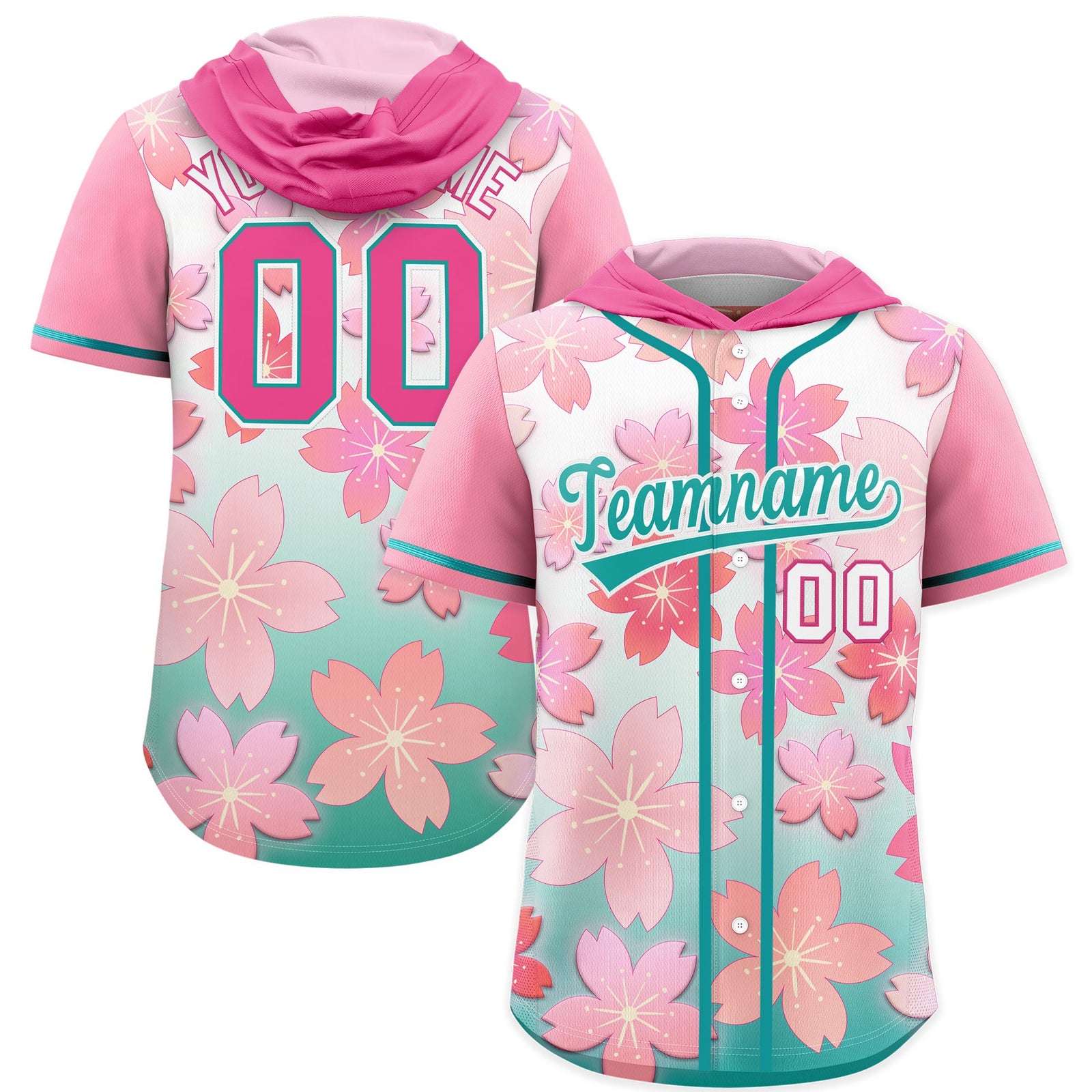 Custom Hooded Baseball Jersey | Pink Aqua Cherry Blossom Moisture-Wicking Jersey for Men & Women