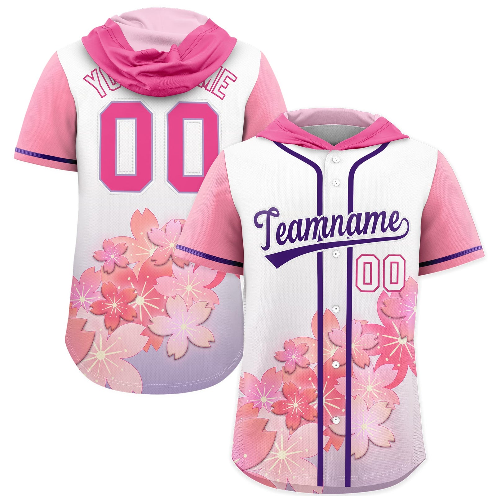 Custom Hooded Baseball Jersey | Pink Purple Cherry Blossom Breathable Athleisure Streetwear