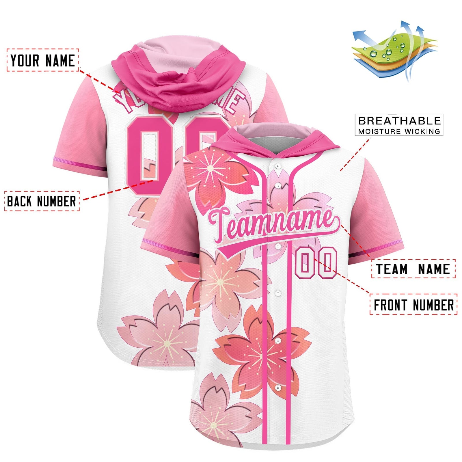 Custom Hooded Baseball Jersey | Pink White Cherry Blossom Personalized Name & Number Sport Jersey