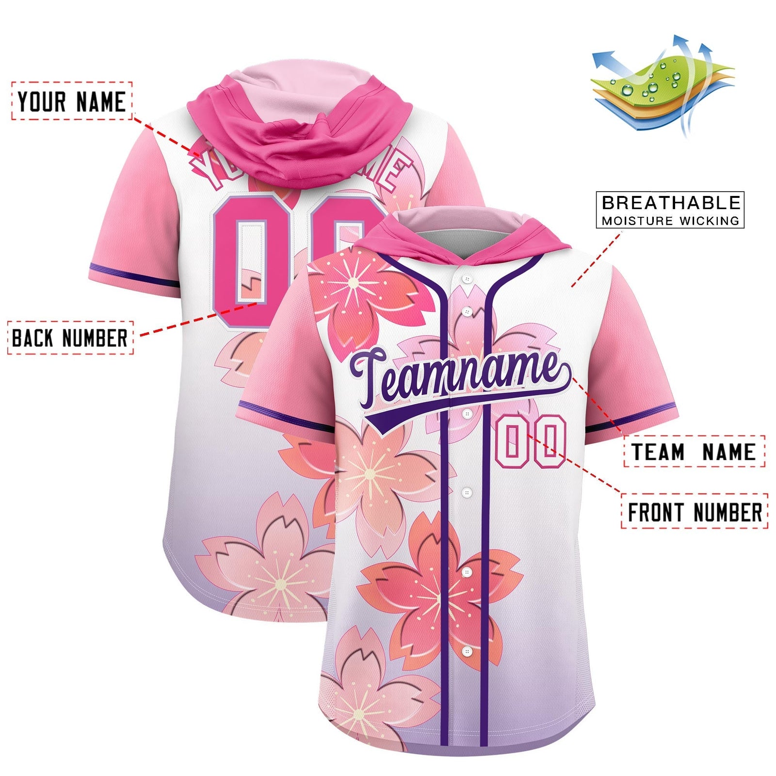 Custom Hooded Baseball Jersey | Pink Purple Cherry Blossom Breathable Athleisure Streetwear