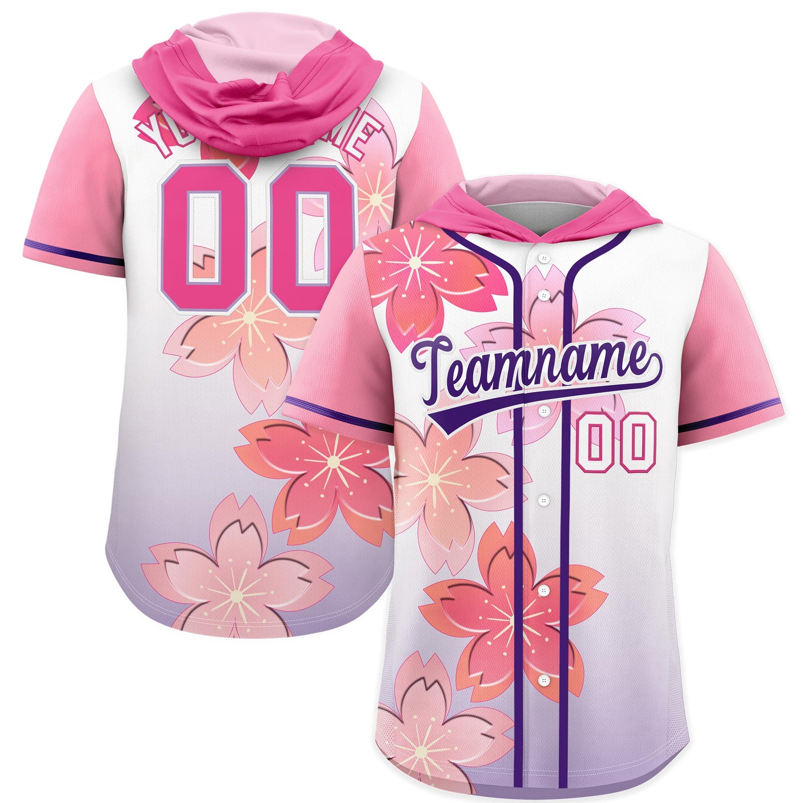 Custom Hooded Baseball Jersey | Pink Purple Cherry Blossom Breathable Athleisure Streetwear