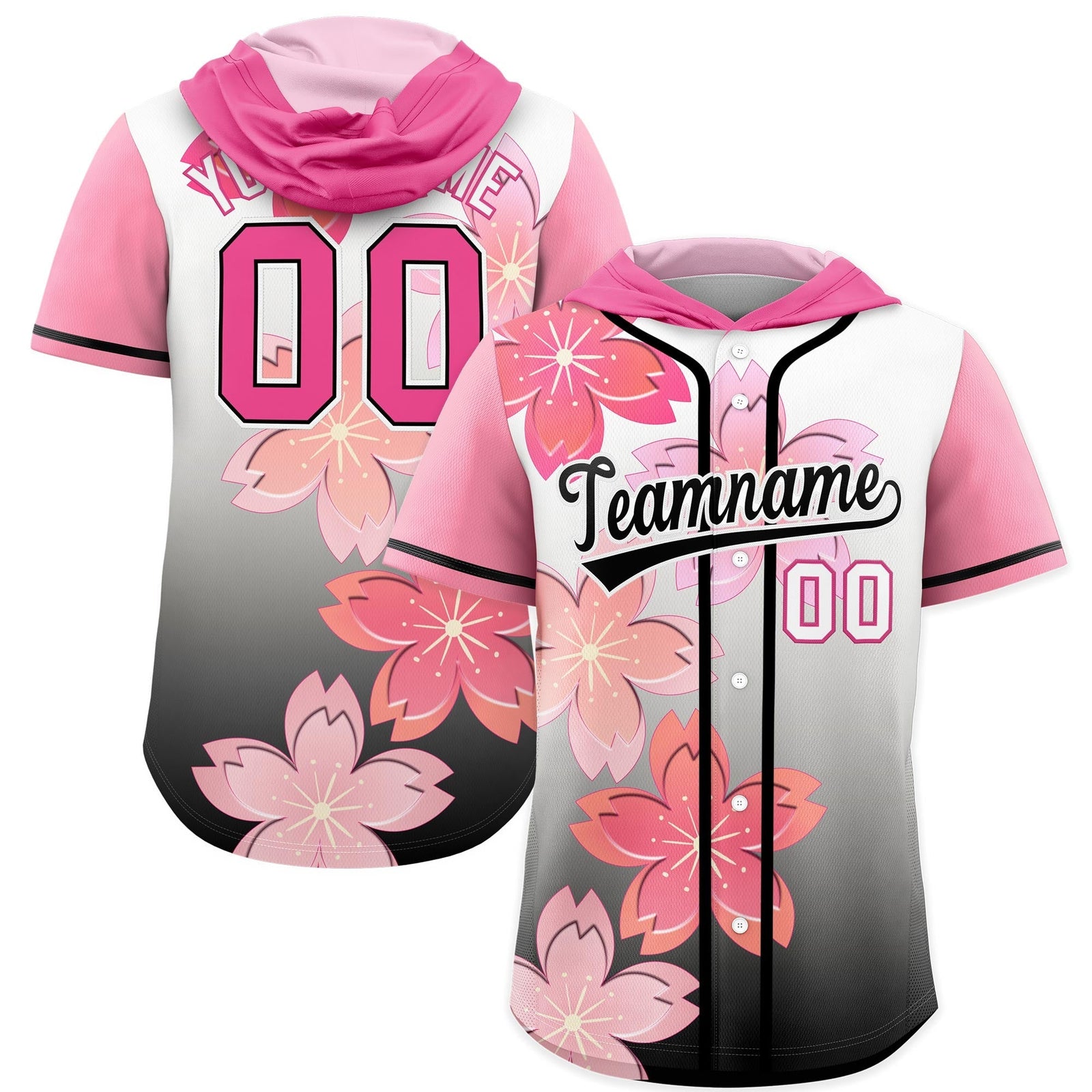 Custom Hooded Baseball Jersey | Pink Black Cherry Blossom Moisture-Wicking Jersey for Men & Women