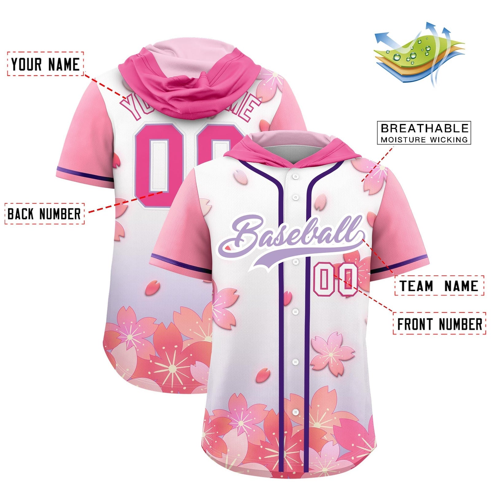Custom Hooded Baseball Jersey | Pink Light Purple Cherry Blossom Personalized Name & Number Sport Jersey