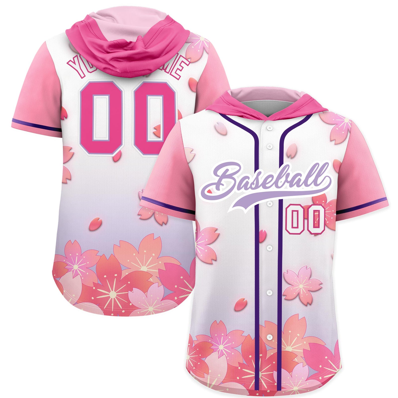 Custom Hooded Baseball Jersey | Pink Light Purple Cherry Blossom Personalized Name & Number Sport Jersey