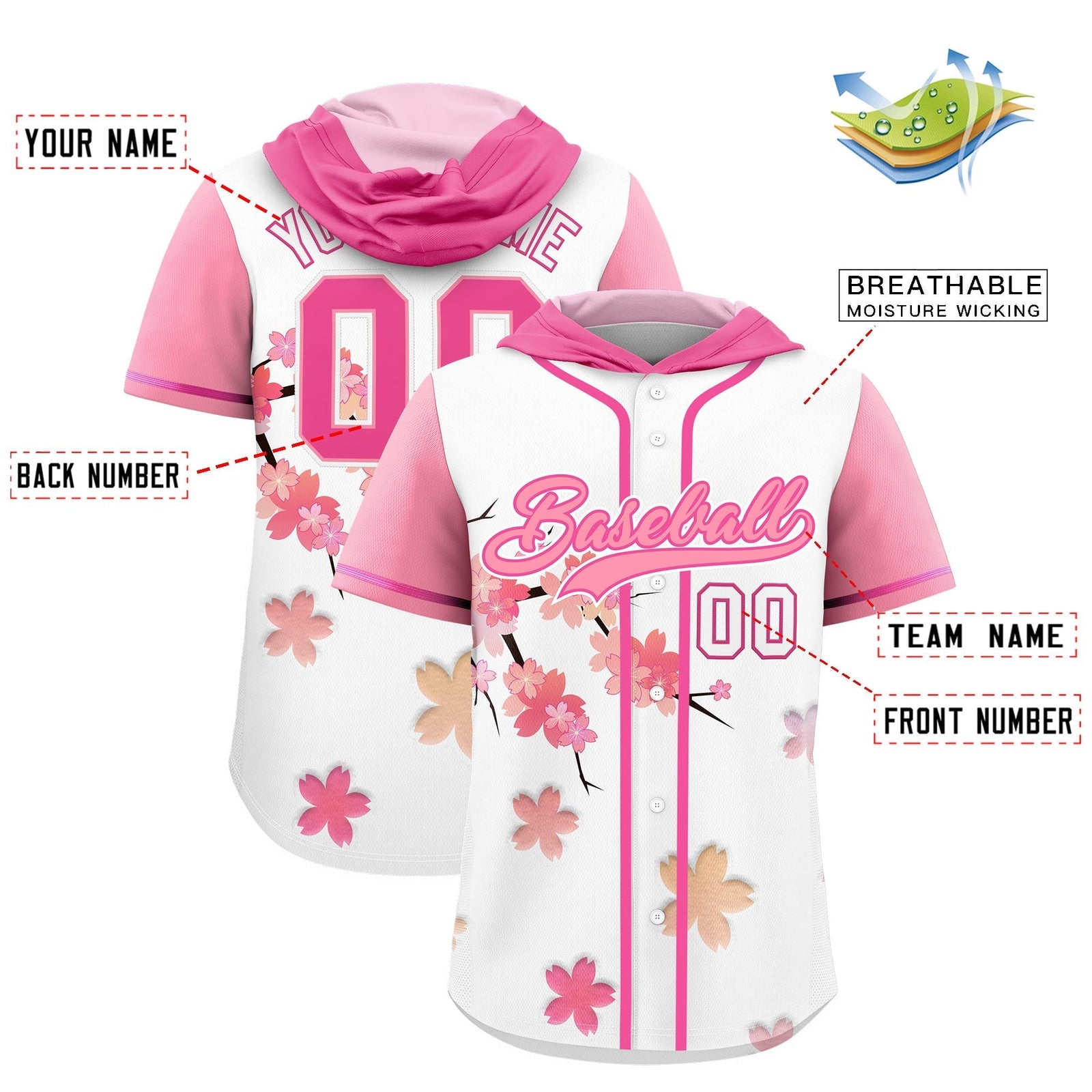 Custom Hooded Baseball Jersey | Pink Light Pink Cherry Blossom Breathable Athleisure Streetwear