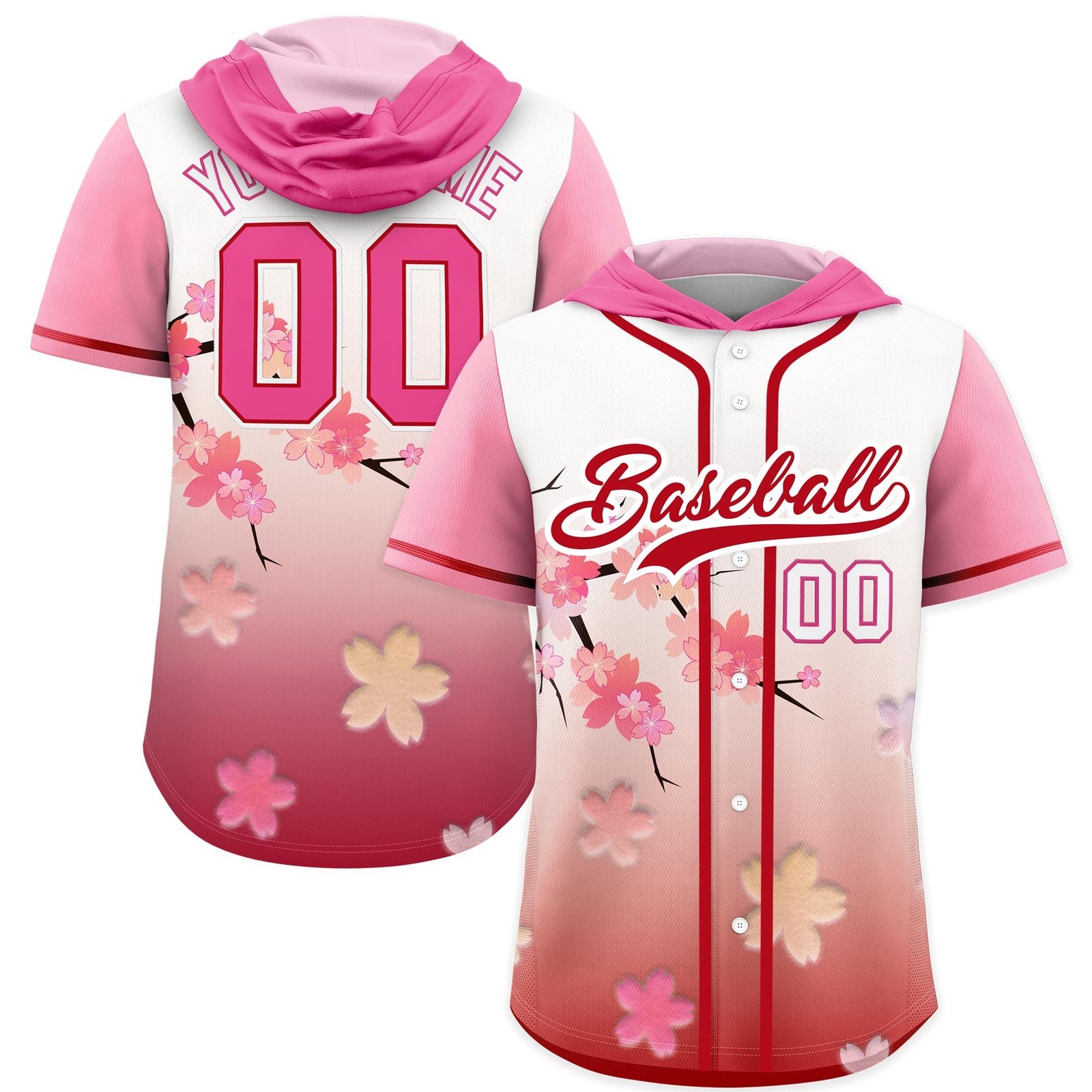 Custom Hooded Baseball Jersey | Pink Red Cherry Blossom Moisture-Wicking Jersey for Men & Women