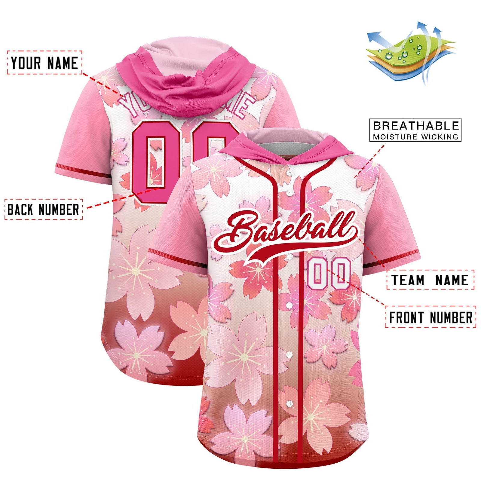 Custom Hooded Baseball Jersey | Pink Red Cherry Blossom Breathable Athleisure Streetwear