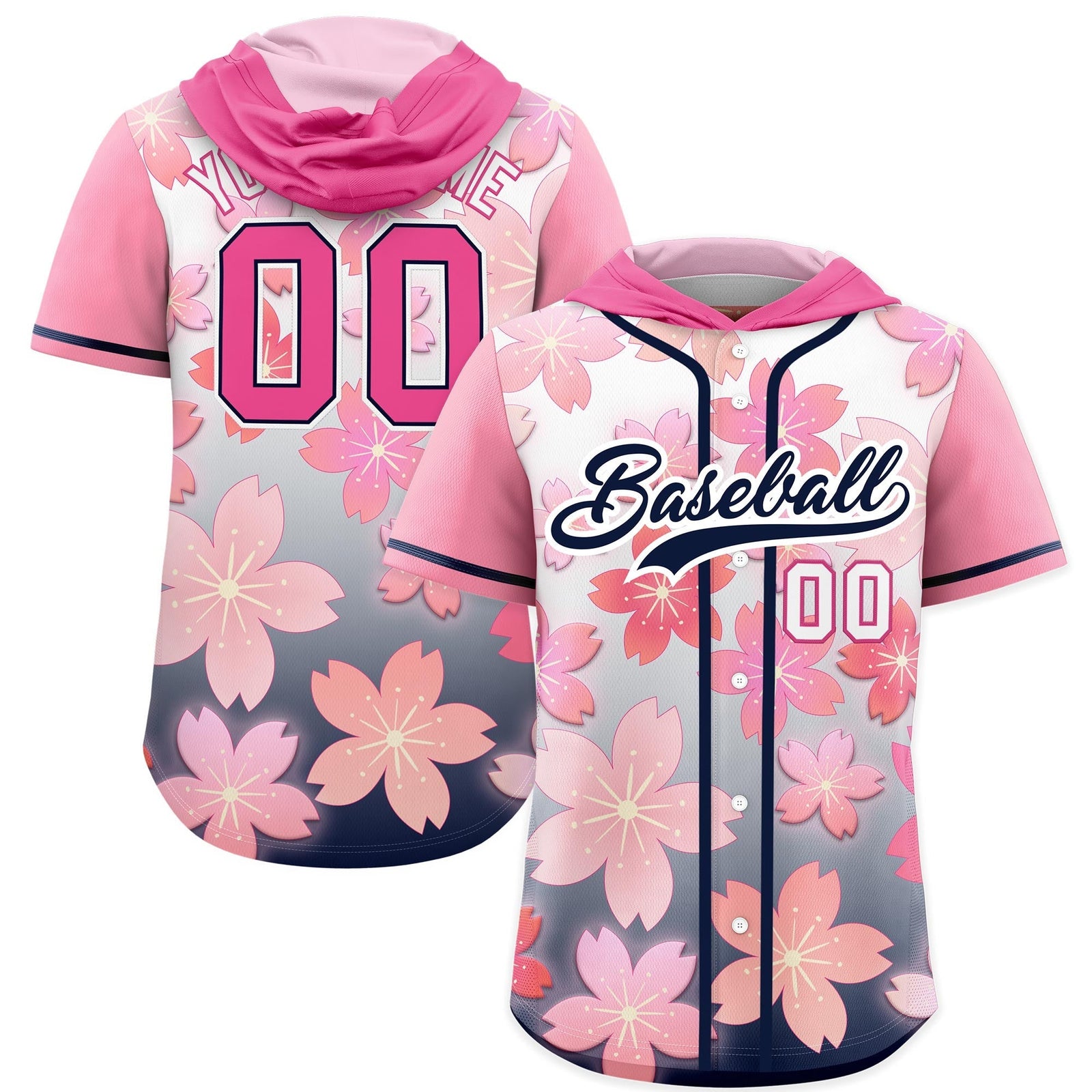 Custom Hooded Baseball Jersey | Pink Navy Cherry Blossom Breathable Athleisure Streetwear