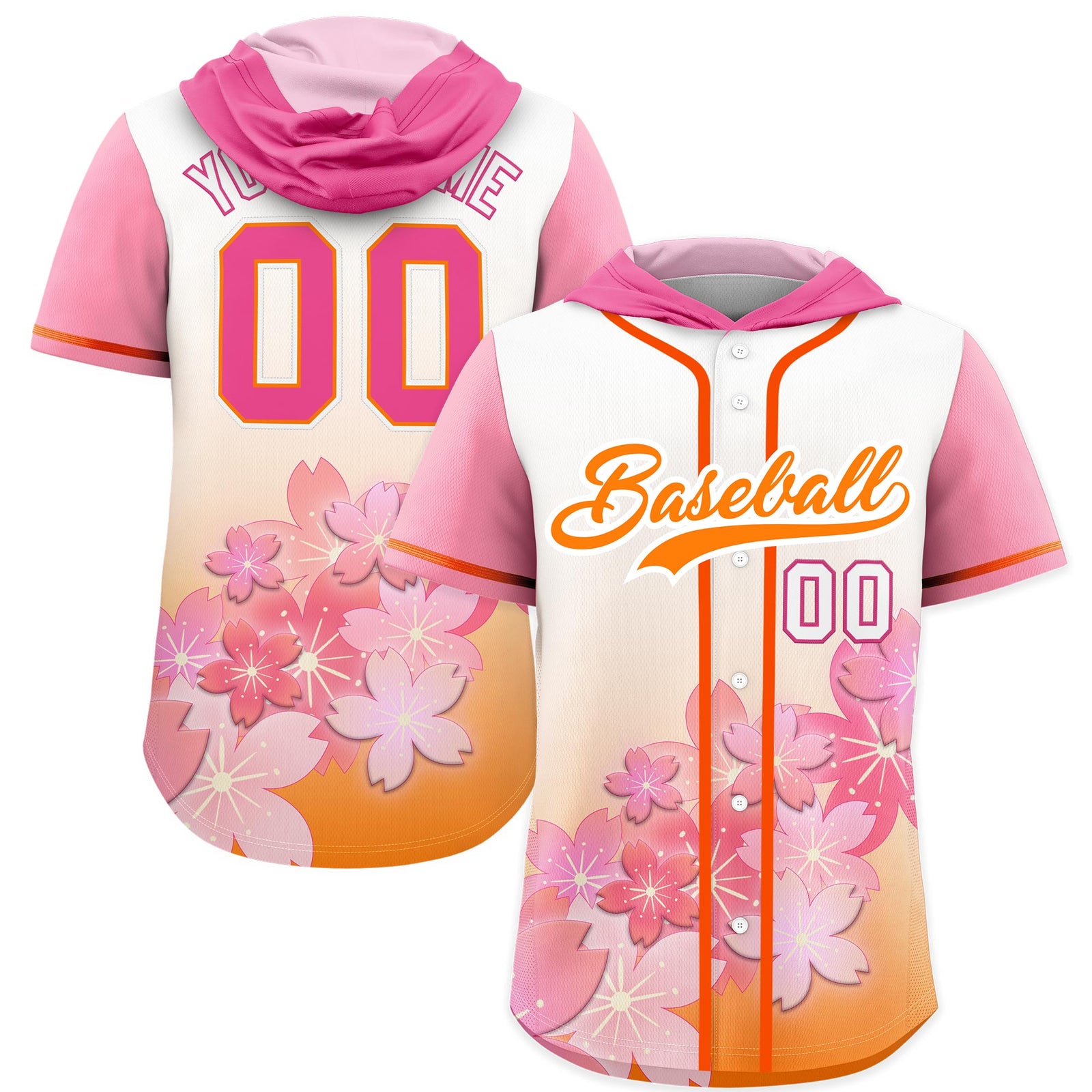 Custom Hooded Baseball Jersey | Pink Orange Cherry Blossom Moisture-Wicking Jersey for Men & Women