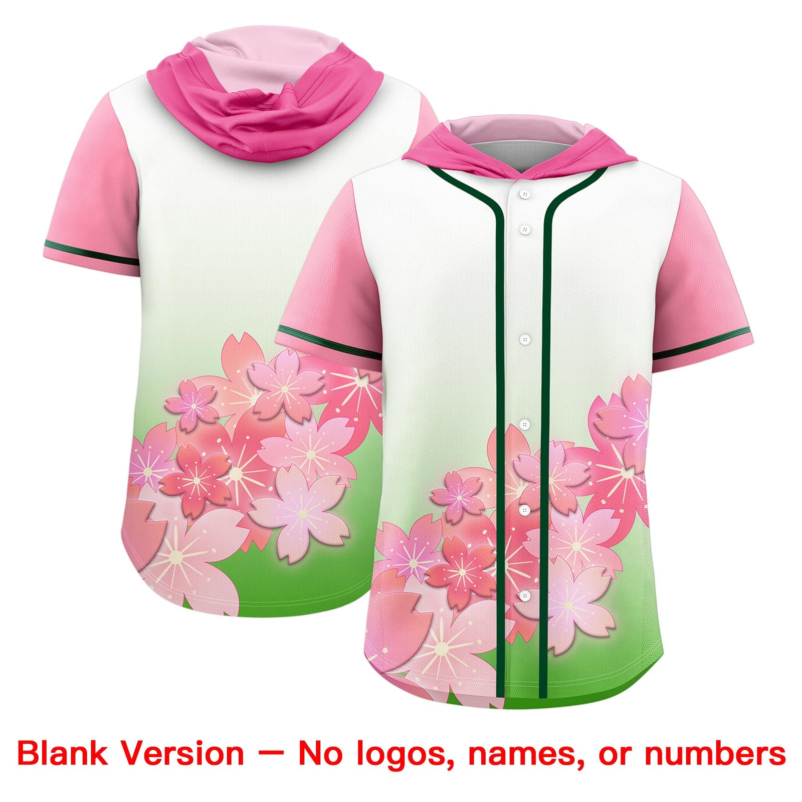 Custom Hooded Baseball Jersey | Pink Light Green Cherry Blossom Breathable Athleisure Streetwear