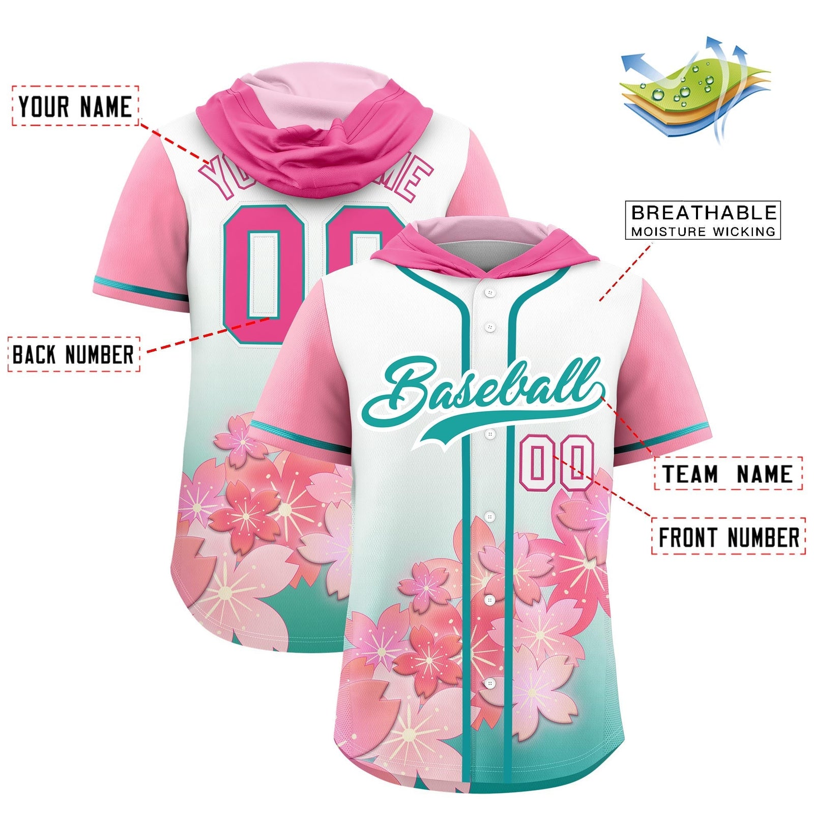 Custom Hooded Baseball Jersey | Pink Aqua Cherry Blossom Moisture-Wicking Jersey for Men & Women