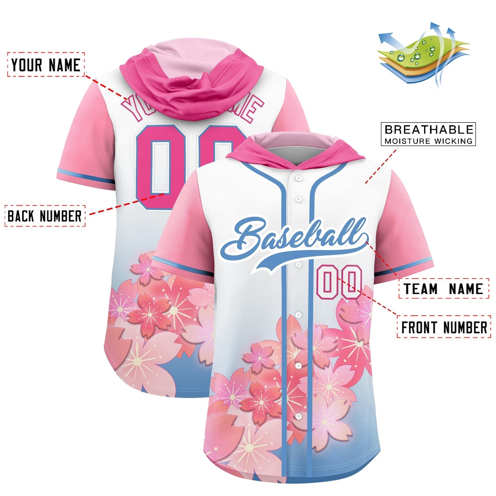 Custom Hooded Baseball Jersey | Pink Light Blue Cherry Blossom Personalized Name & Number Sport Jersey