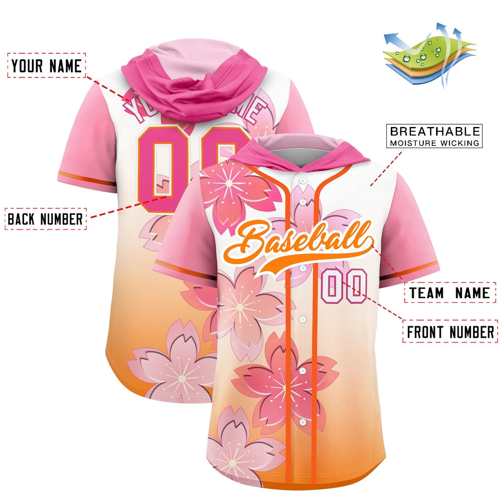 Custom Hooded Baseball Jersey | Pink Orange Cherry Blossom Moisture-Wicking Jersey for Men & Women